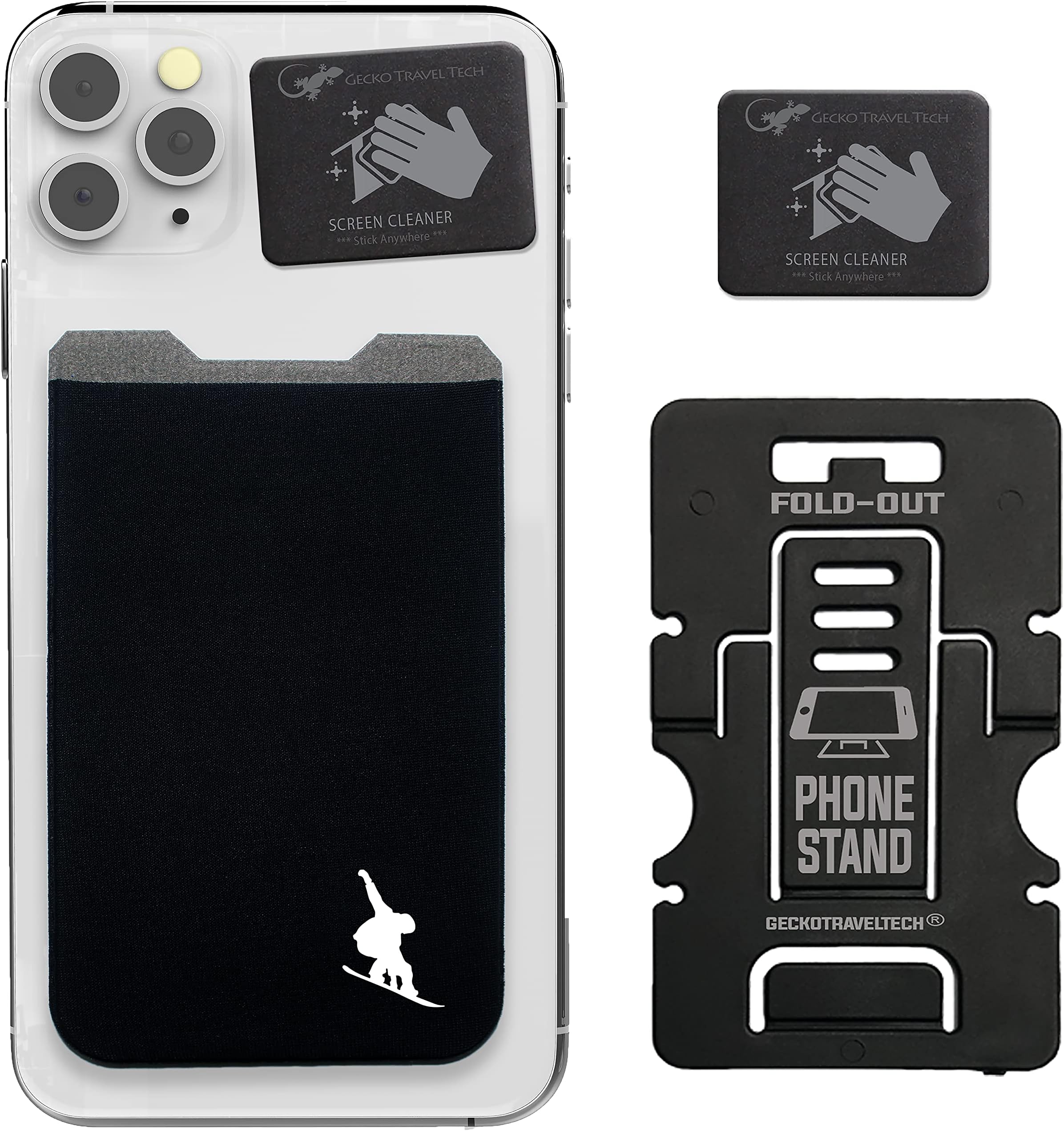 Gecko Stick On Phone Wallet - Snowboard Phone Wallet Stick On - Adhesive Phone Accessories with Bonus Stand & Screen Cleaner