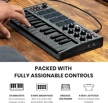 Akai Professional MPK Mini MK3 25 Key USB MIDI Keyboard Controller With 8 Backlit Drum Pads, 8 Knobs, Music Production Software and Native Instruments Sound Package (NKS Integration), Destroyer Grey