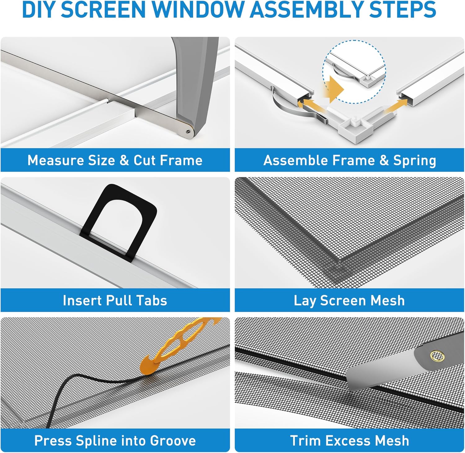 DIY Window Screen Frame Kit 2 Pack, Cut-to-Size 46" Aluminum Frame with Heavy Duty 46"x99" Mesh for Window Screen Replacement, Includes All Tools & Hardware for Windows, Patio, Porch, White