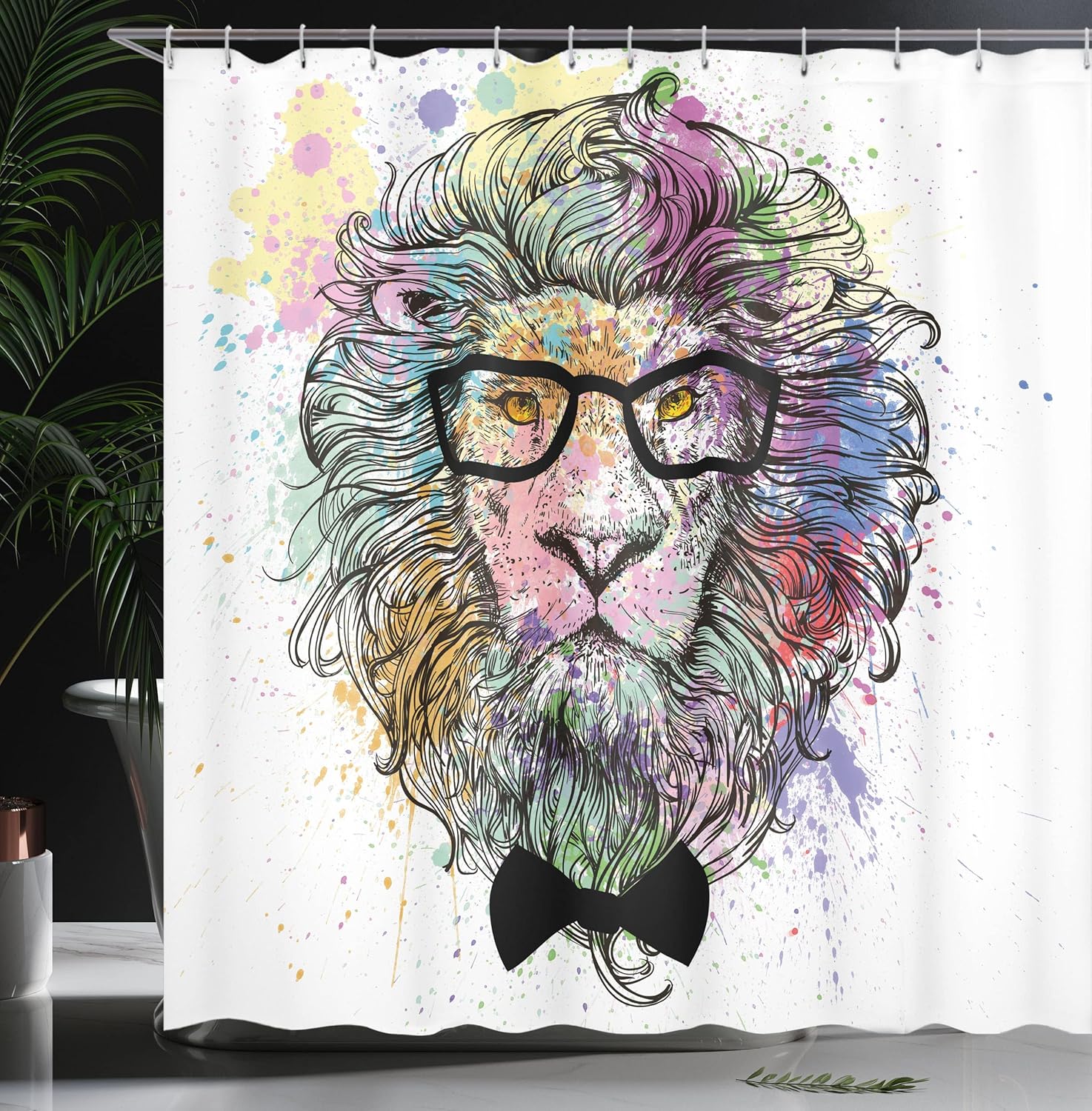 Ambesonne Fashion Shower Curtain, Retro Style Hipster Lion Glasses and Bowtie King of Animals Splash Style Art, Cloth Fabric Bathroom Decor Set with Hooks, 69" W x 84" L, Multicolor
