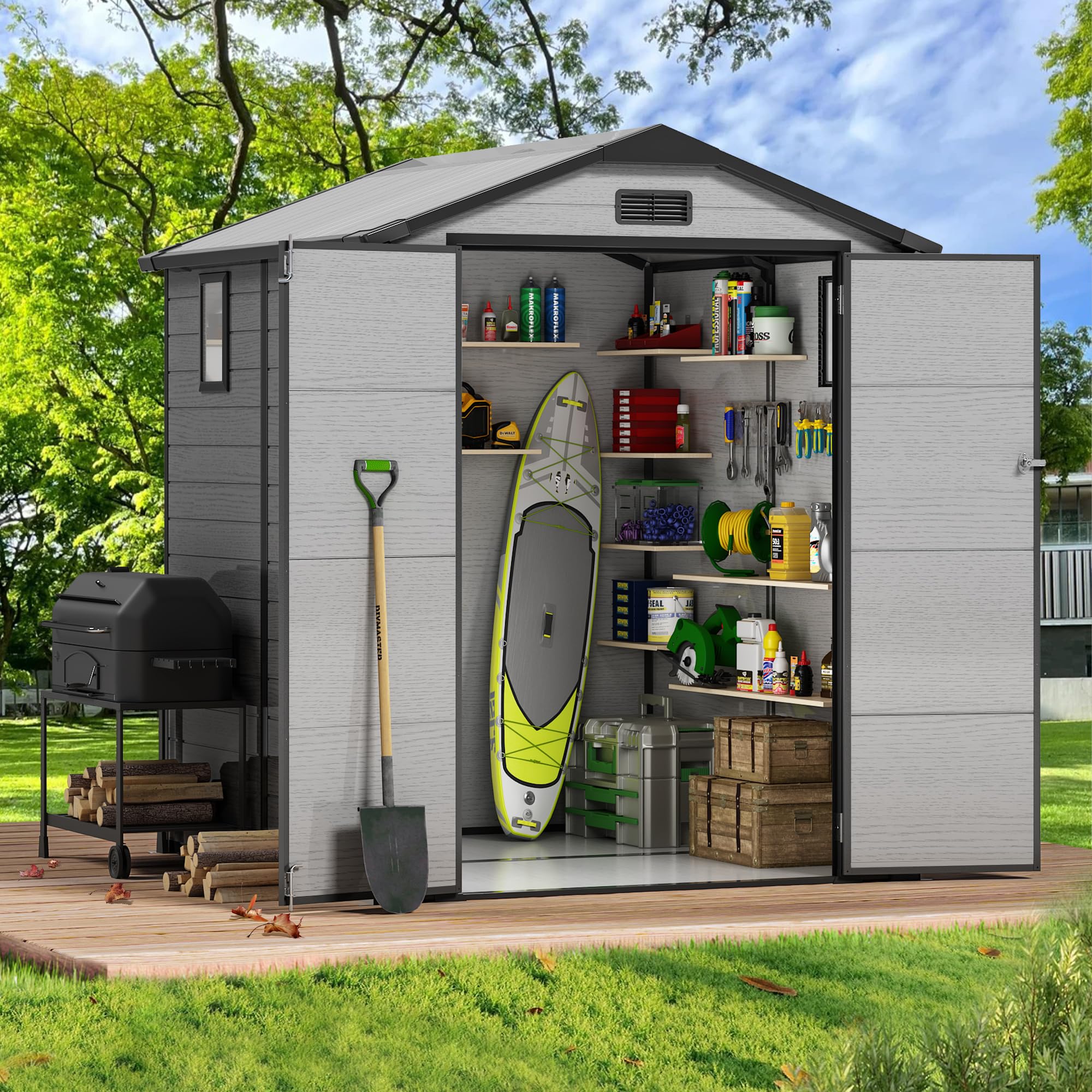6x6 FT Plastic Outdoor Storage Shed with Transparent Roof, Easy Assembly Resin Shed with Floor Lockable Shed with Double Doors for Your Backyard Garden Patio Lawn, Incomplete Box 3 of 3 Only! 