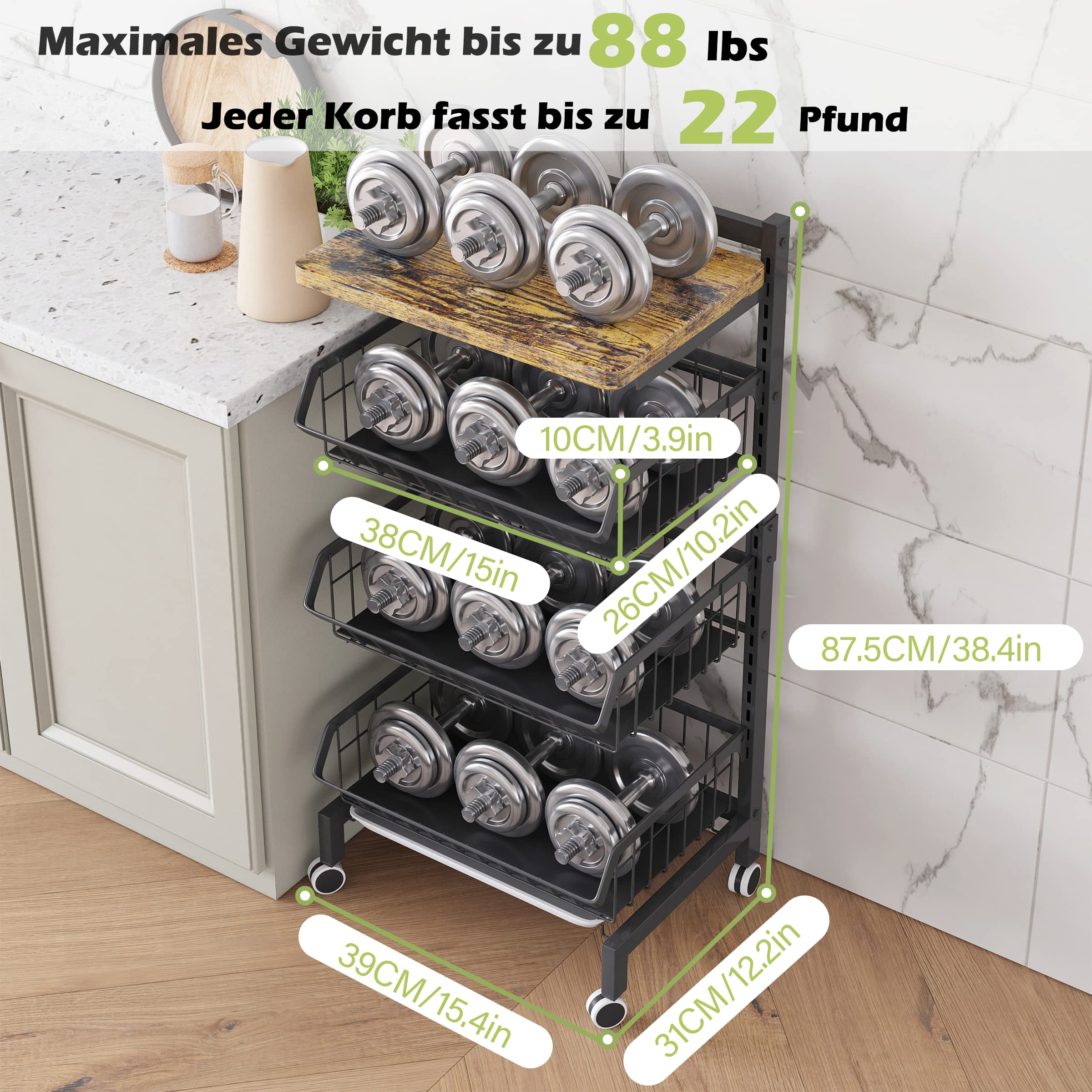 COVAODQ Gemüseregal für Küche,Stapelbarer Obstkorb Gemüse,Aufbewahrungswagen KüchenWagen Mit Abschließbare Rollen Und Holzplatte, Für Badezimmer,Küche,Büro, Handtücher (Planke)