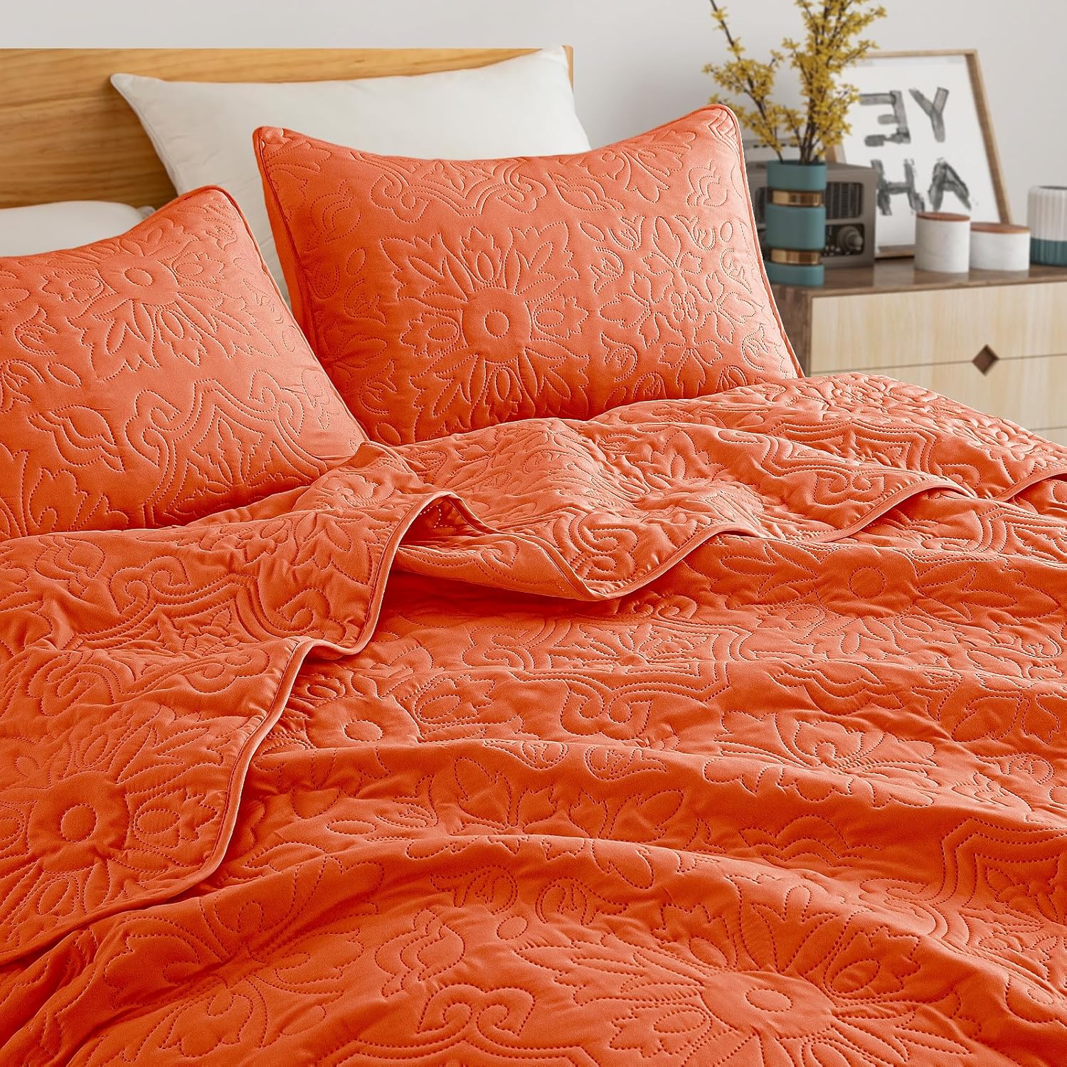 Whale Flotilla 3 Piece King Size Quilt Set, Soft Reversible Embossed King Quilts Bedding Set, Lightweight Bedspreads Coverlets with Boho Pattern for All Seasons, Burnt Orange