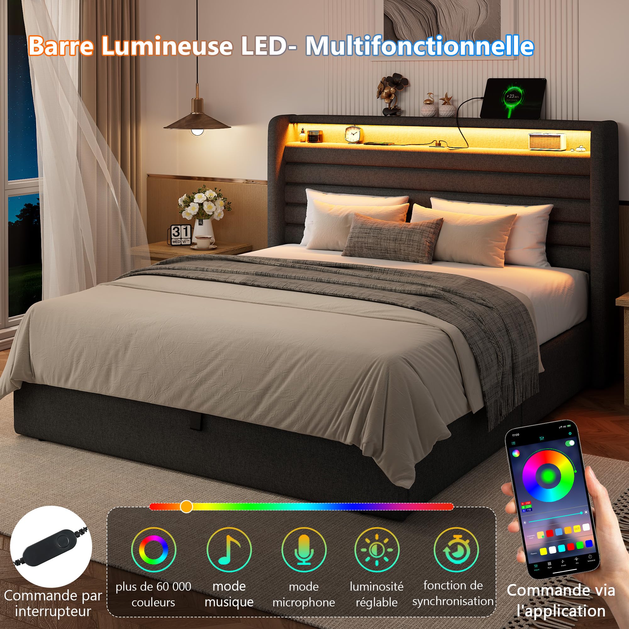 Feonase Lit 140 x 200 cm avec Espace de Rangement, rembourré, 140 x 200 cm, avec Espace de Rangement hydraulique et en Lin, Cadre de lit avec sommier à Lattes, sans Matelas, Gris foncé