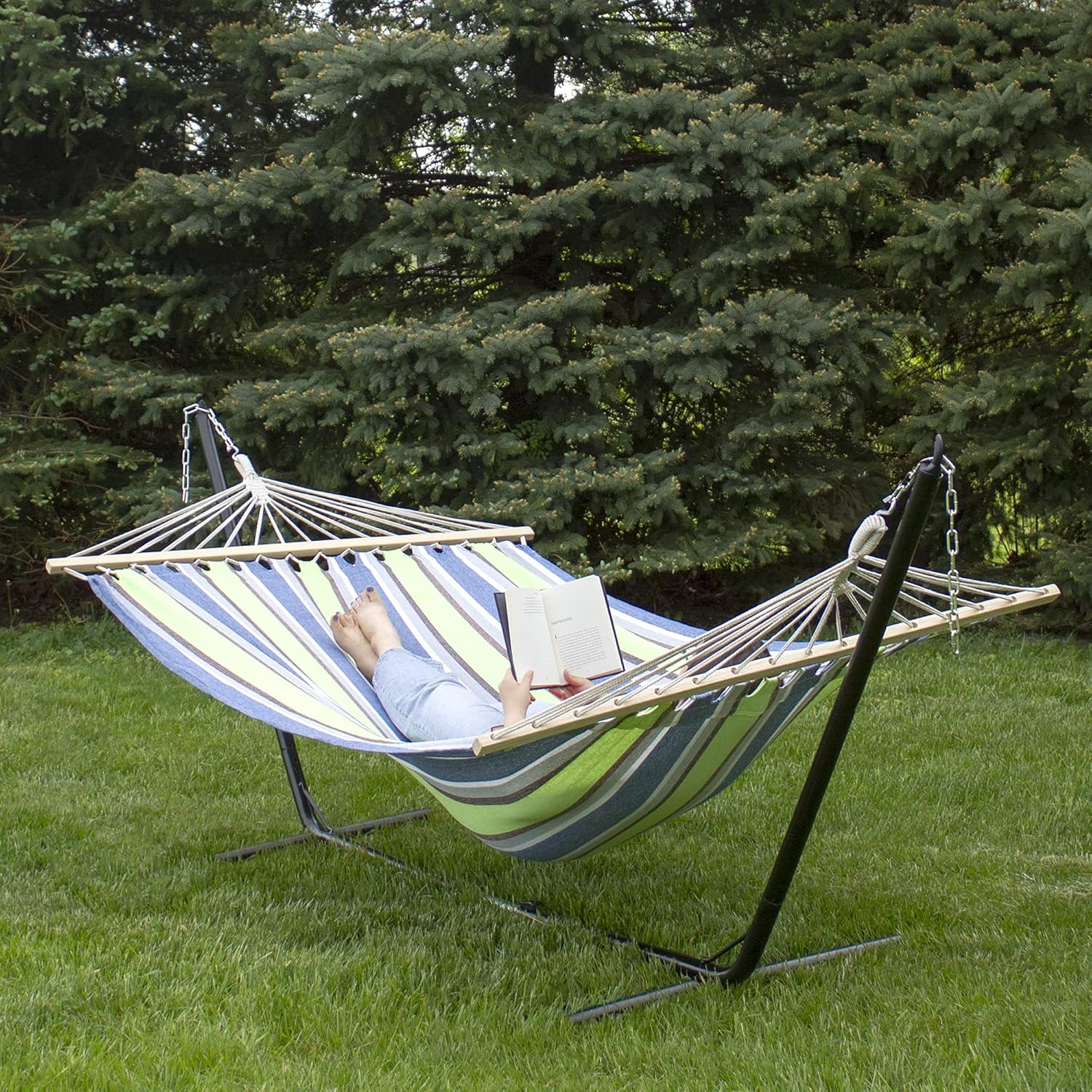 Northlight 32816522 Lime Green and Royal Blue 55" x 78" Stripe Poly Cotton Hammock with Wooden Bars and Tassels