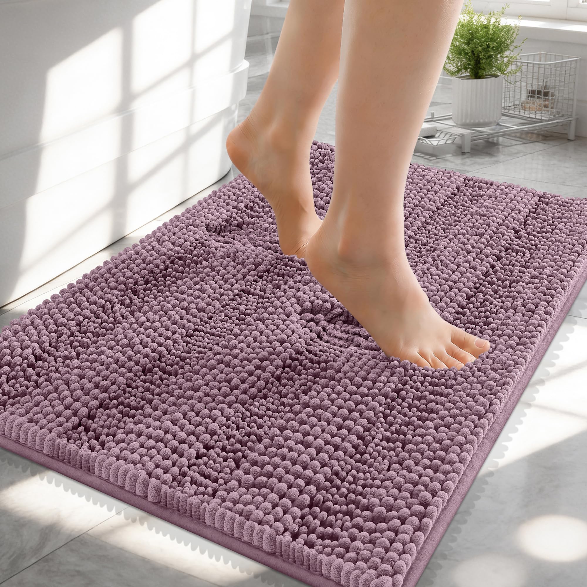 OLANLY Thick Small Bathroom Rugs 24x16, Soft Chenille Bath Rugs, Deep Plum