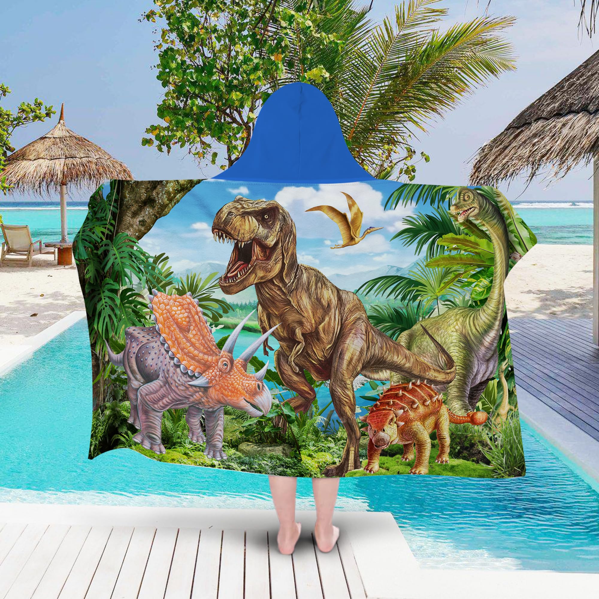 Toalla con capucha de dinosaurio, toalla de playa de dinosaurio, toalla de dinosaurio para niños de 30 x 50 pulgadas, T-Rex microfibra absorbente de secado rápido, toalla de baño, piscina,