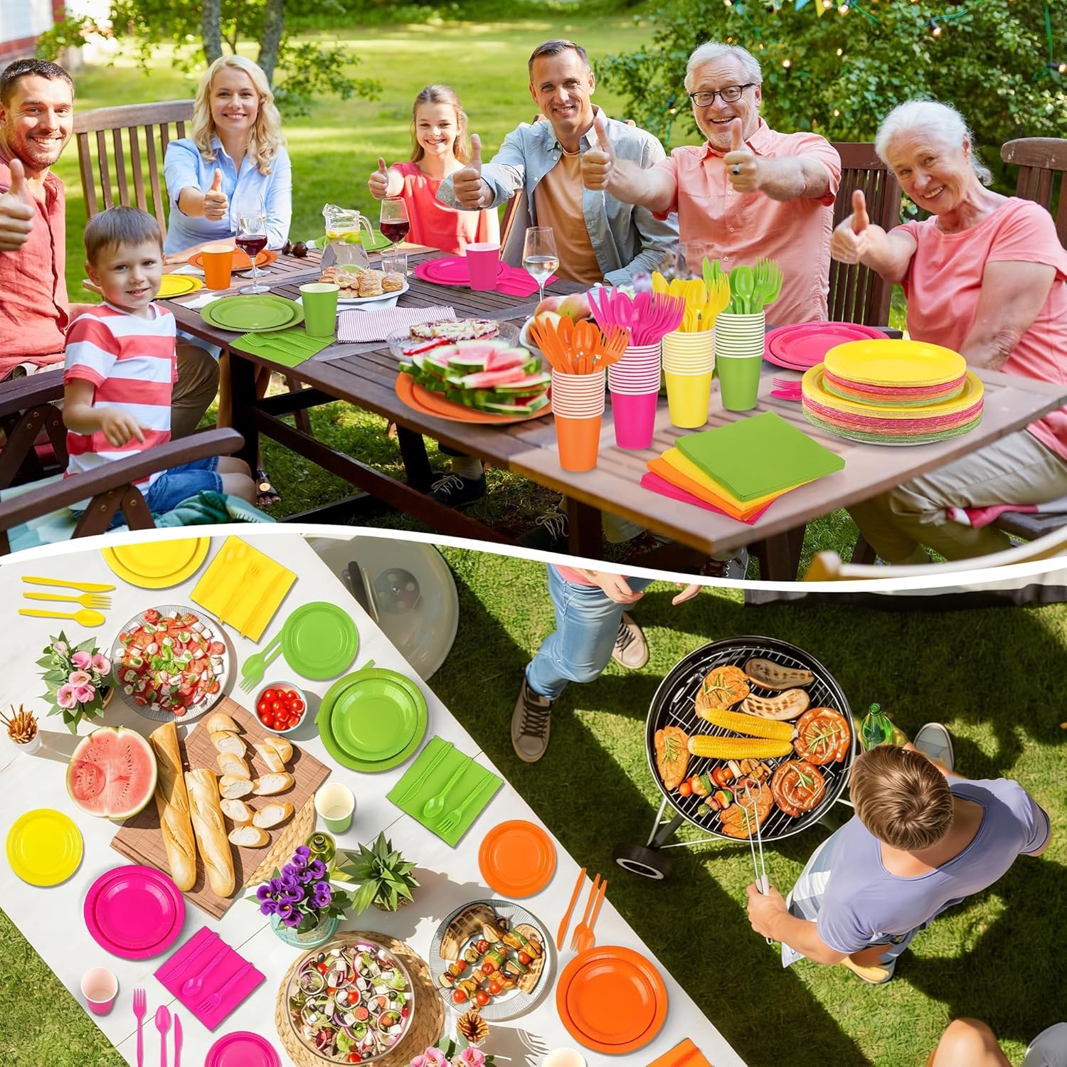 Kochorie 350 Pieces Neon Dinnerware Set, 7 & 9 inch Dessert Paper Plates Cups Napkins Plastic Cutlery Disposable Party Supplies for Neon Glow Party Birthday Baby Shower Wedding, Serve 50 Guests