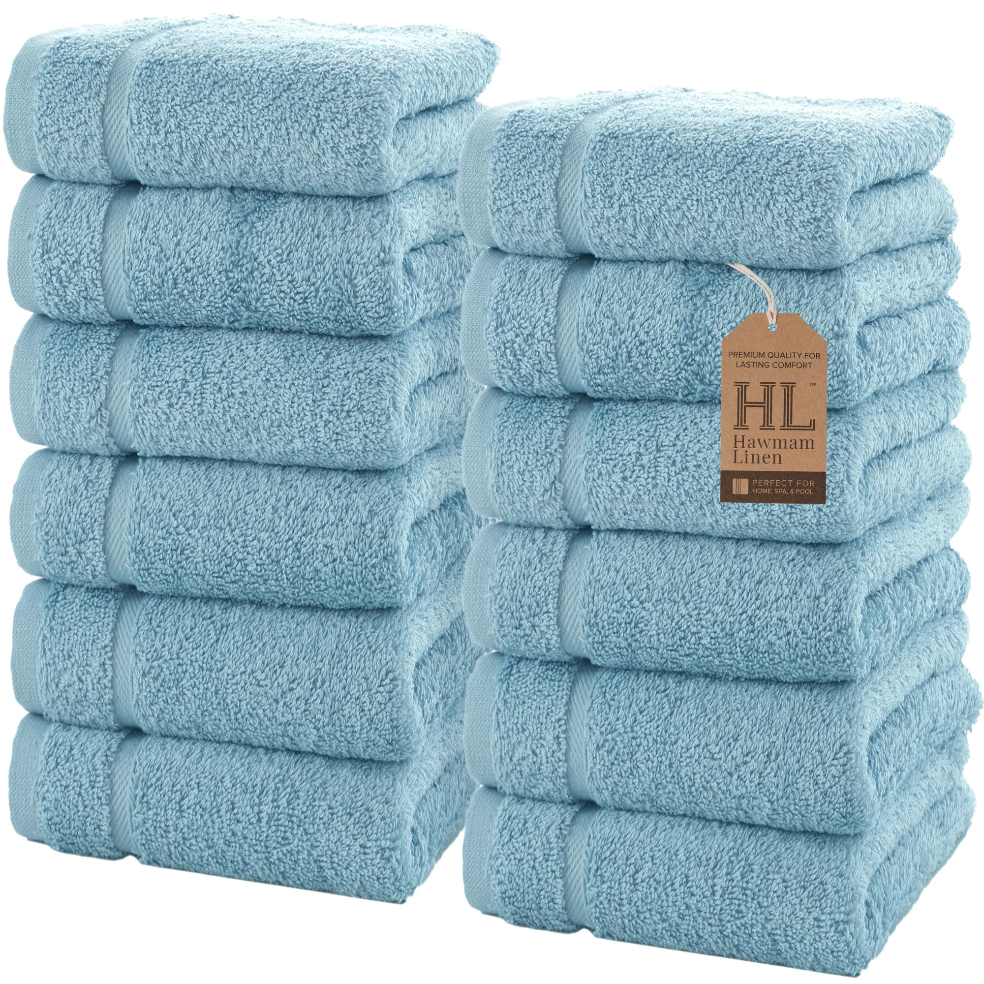Hawmam Linen Wash Cloths, Turkish Cotton Washcloths, 12 Pack, Light Blue