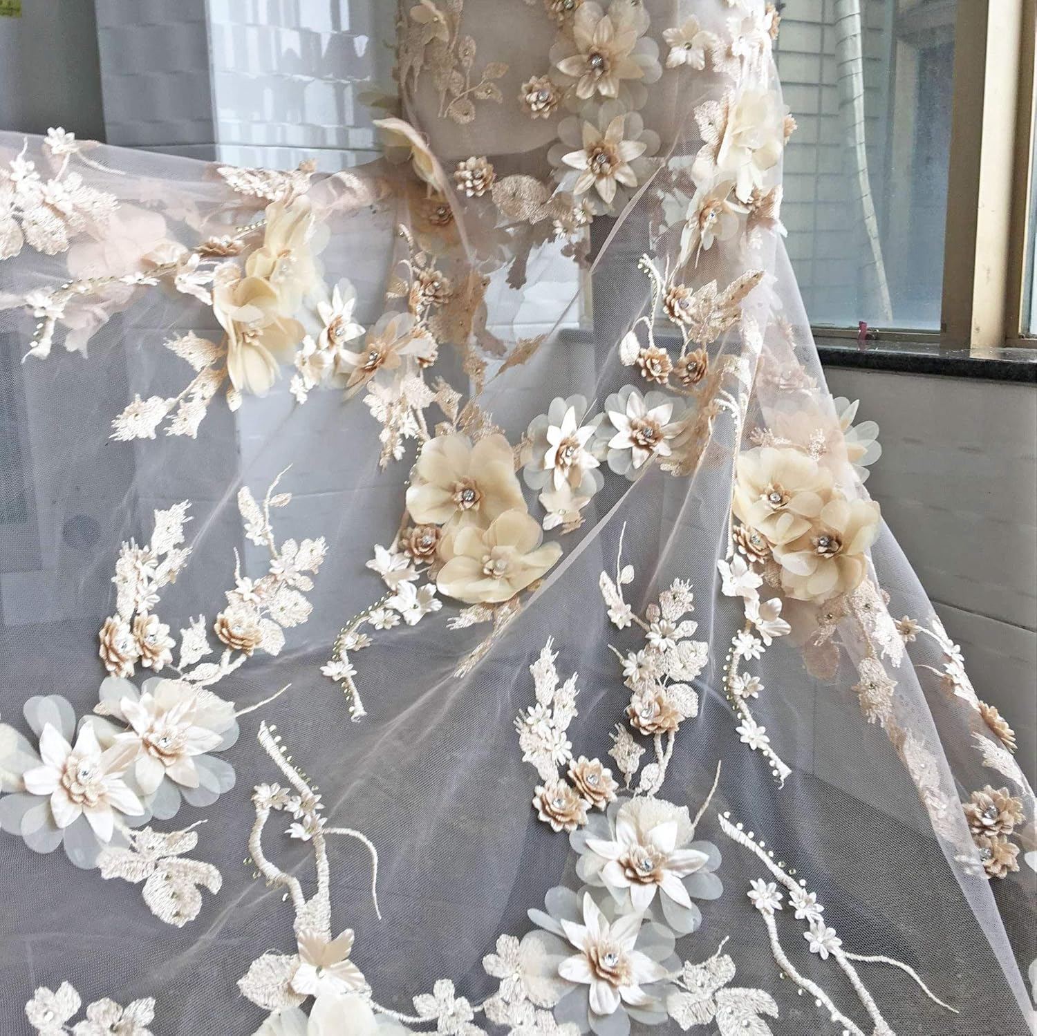 Exquisite Cream Bridal Lace Fabric by 1 Yard Rhinestone Beaded Tulle 3D Flower Wedding Lace for Gown,Dress 51 inches Width