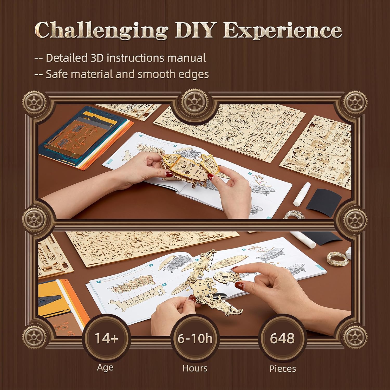 LED 3D Wooden Puzzle for Adults Airship Model - Steampunk DIY Craft Set with LED Lights - Wooden Airship Model Kit for and Adults (Orange)