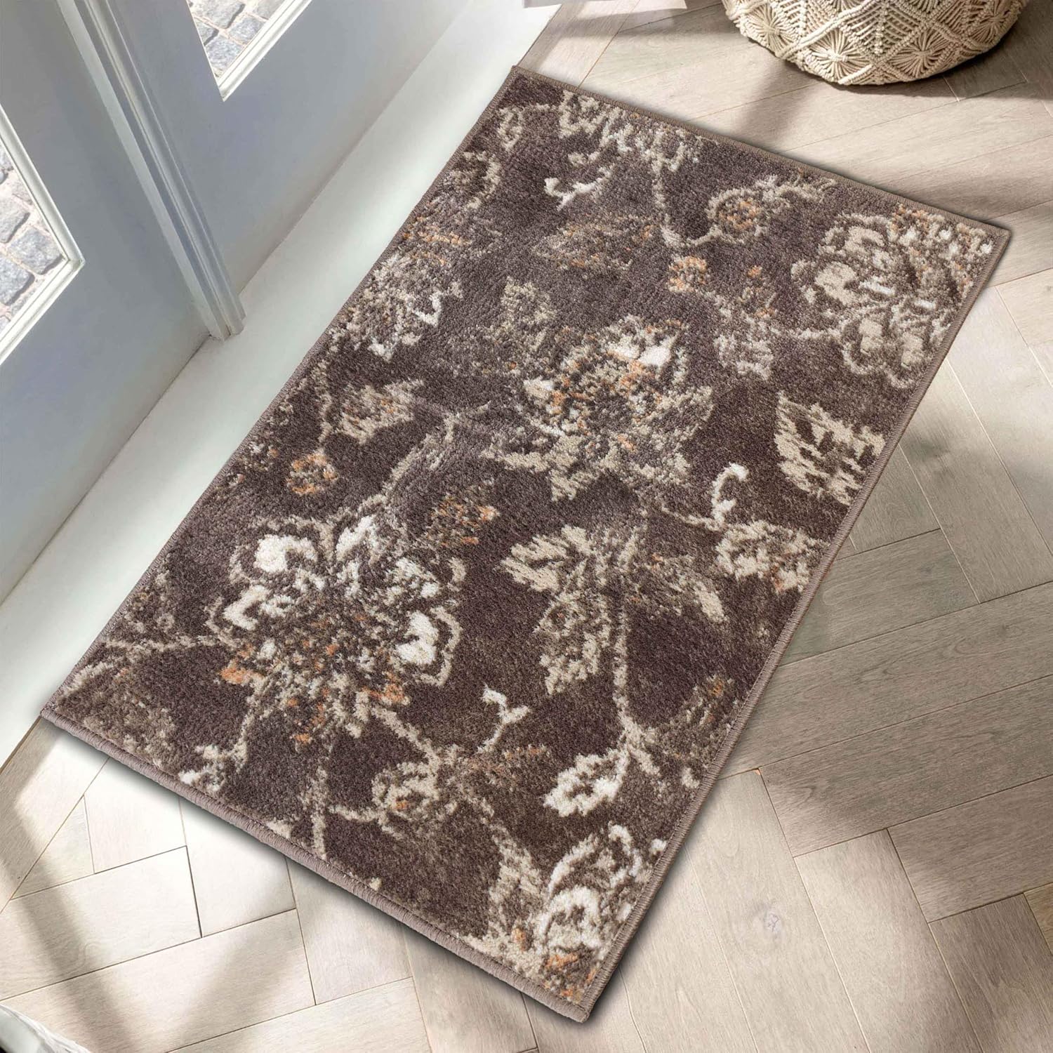 Superior Indoor Large Area Rug for Hallways, Entry, Office, Living/Bedroom, Hardwood, Tile, Floor Cover, Plush Carpet Cover, Modern Farmhouse Floral Decor, Jacobean Collection, 2' x 3', Chocolate