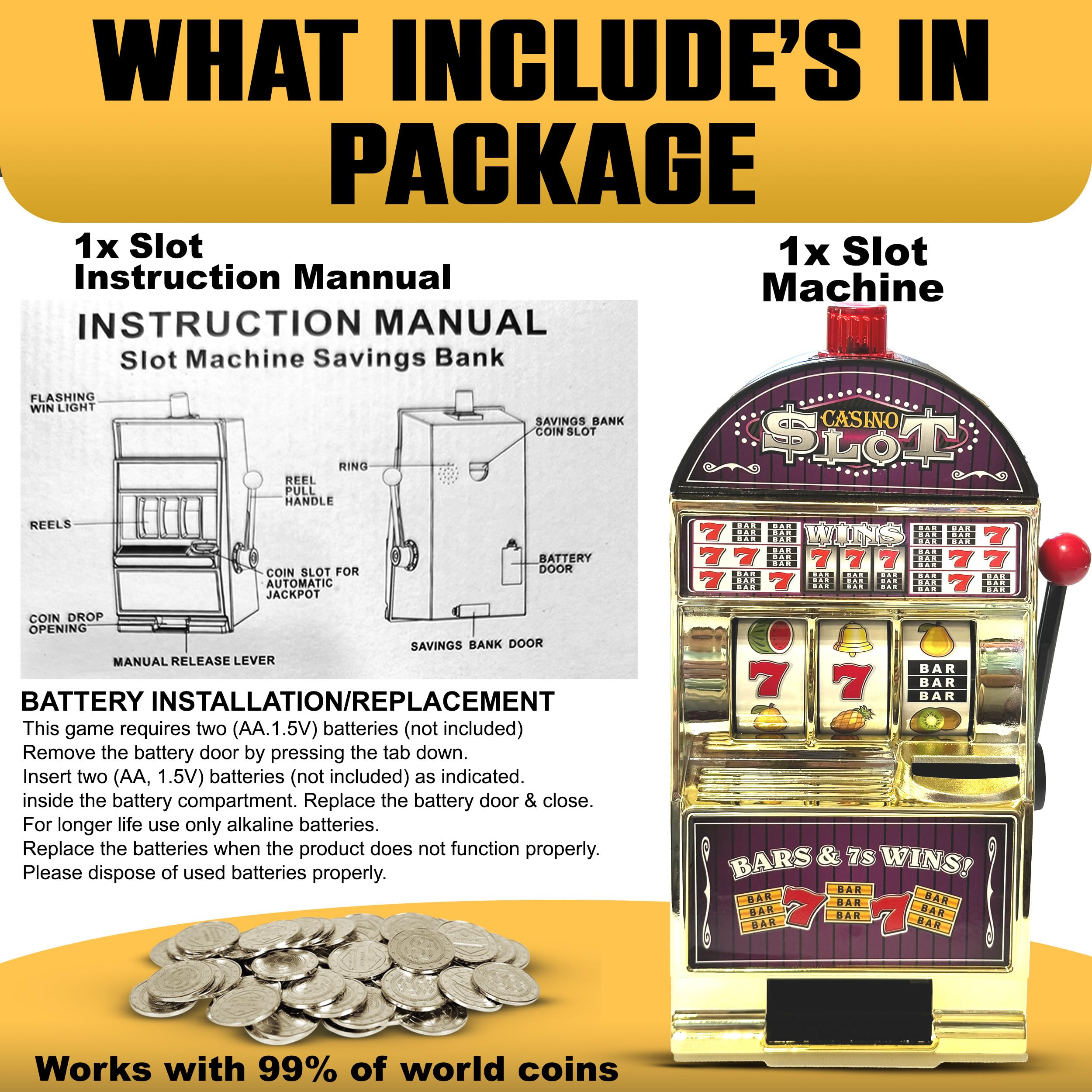 777 Gold Slot Machine Casino Toy Piggy Bank Replica with Flashing Lights and Jackpot Alert Sounds