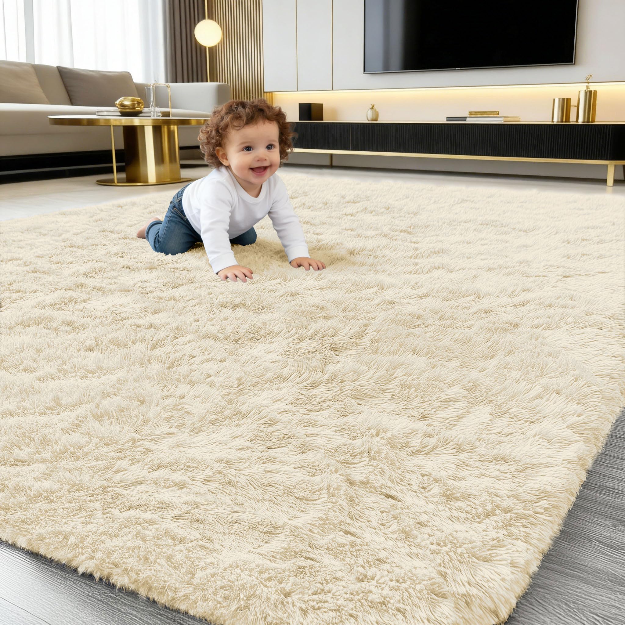 smiry Hochflor Weich Teppich Flauschig Waschbar Anti-Rutsch Unterseite Moderner Kuscheliger Teppiche fürs Flur, Wohnzimmer, Kinderzimmer, Schlafzimmer - Beige, 80 x 150 cm
