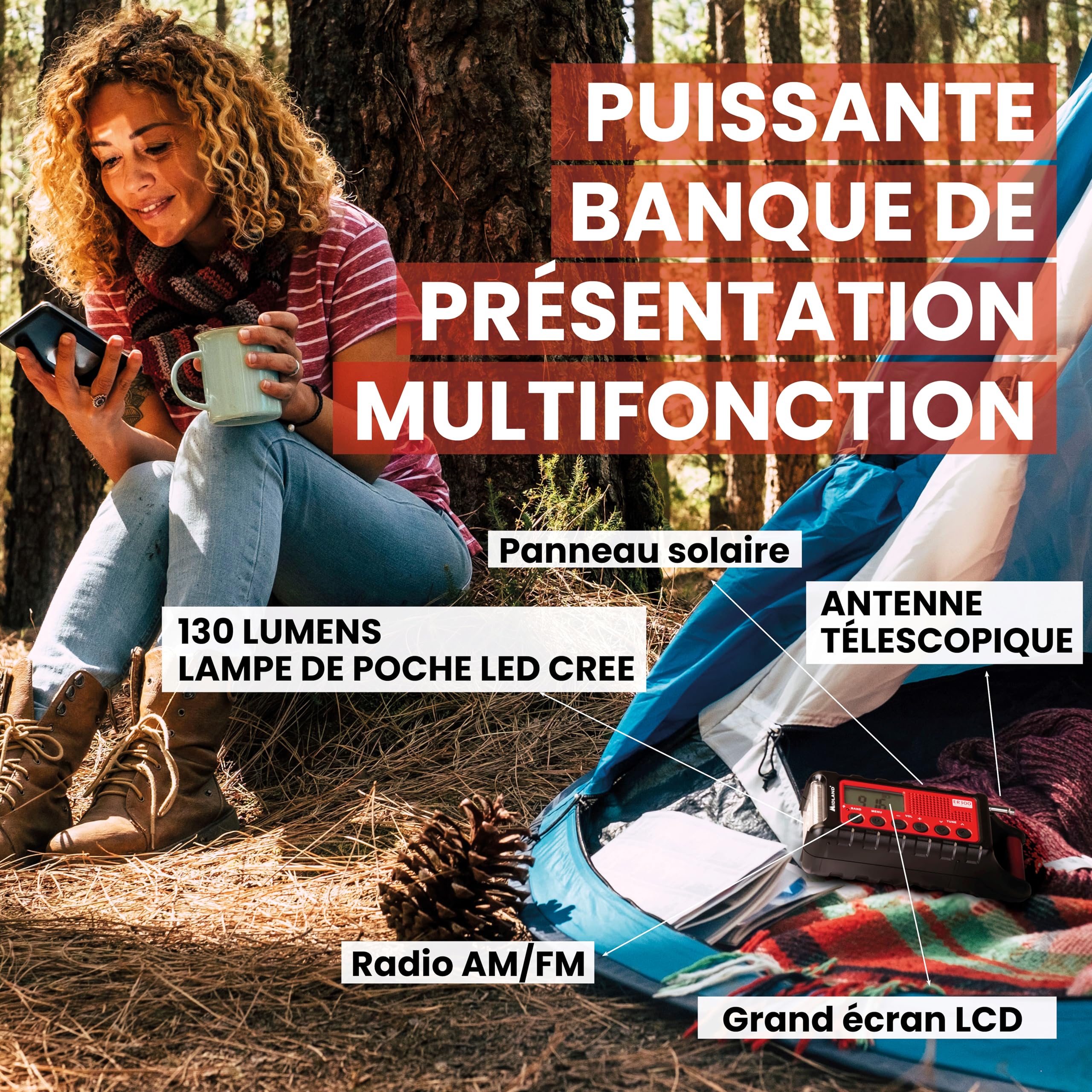 Midland - Power Bank Secours ER300 Multifonctionnel Camping et Outdoor, Lampe Torche LED Dynamo, Récepteur AM/FM avec Panneau Solaire, Fonction SOS et Rappel Ultrasons Chiens, Piles Rechargeables