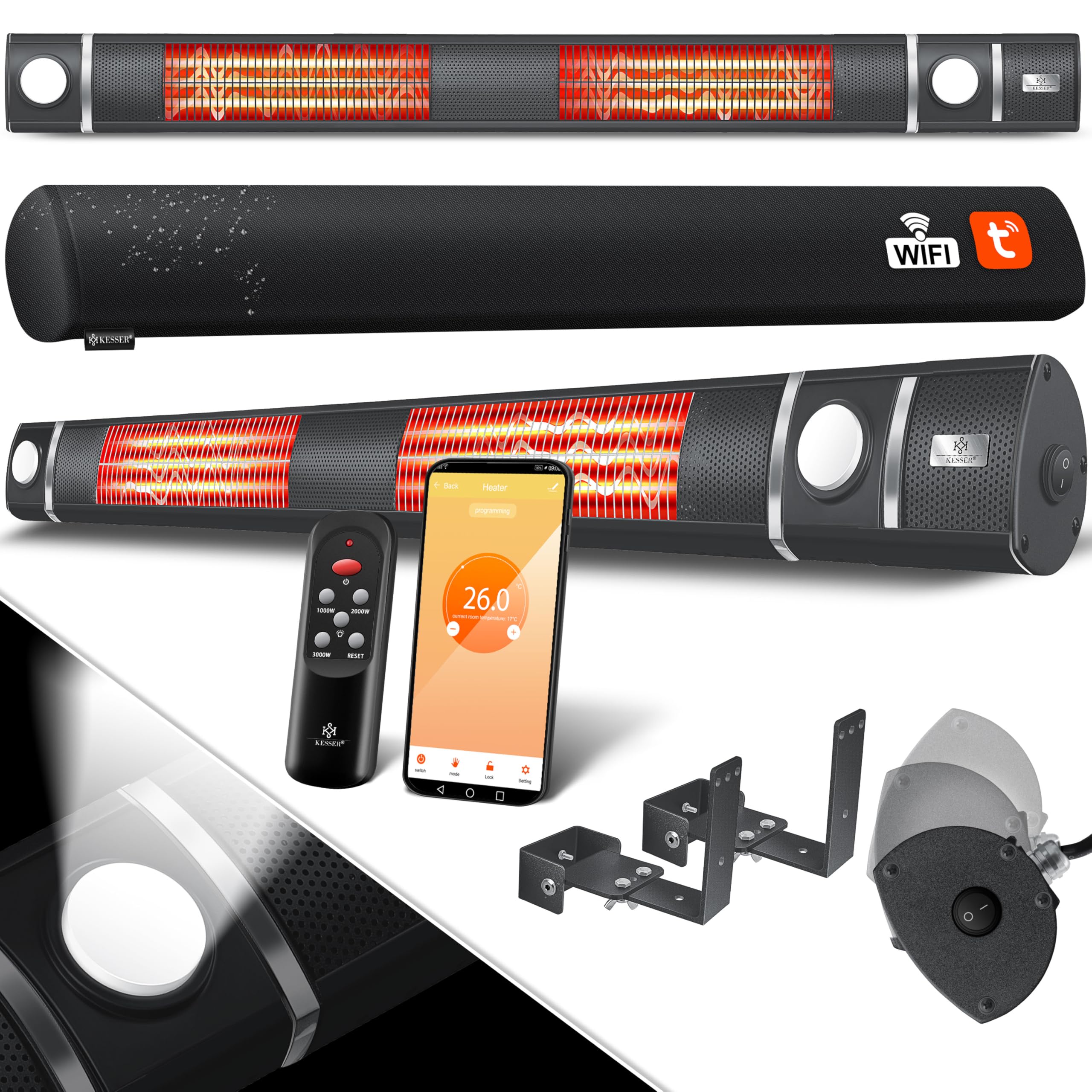 KESSER Stufa a infrarossi, 3000 W, con luce a LED e telecomando, con custodia protettiva a infrarossi, riscaldatore a infrarossi, riscaldatore da parete