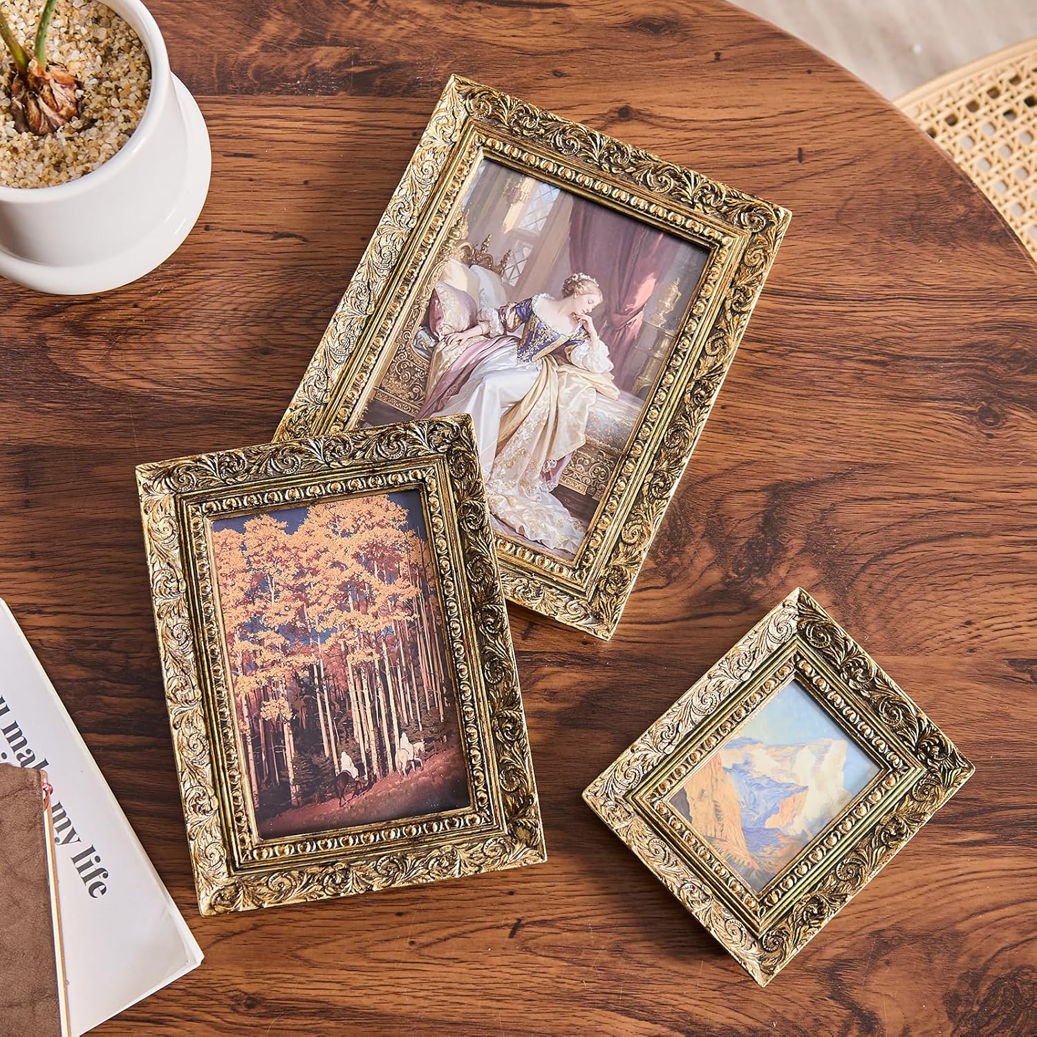 Ornate Gold 5x7 Picture Frame for Best Gift, Sculptured Design Vintage Resin Photo Frame, Retro Hand-Crafted Hanging Frames with Easel, Hook & Mat for Table Top & Wall Gallery