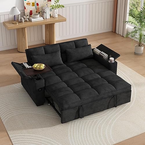 KEIKI 65'' 3-in-1 Folding Convertible Sofa Bed, Pullout Sleeper Couch with 90° Swivel Side Table, Chenille Fabric, USB/Type-C Ports & Hidden Storage, Ideal for Modern Living Room