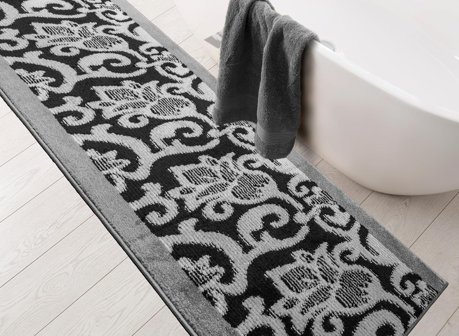 Hallway Runner Rug with Non Slip Rubber Backing, 26 inch x 6 ft, Lily Black & Silver, Carpet Runner Rug for Entryway, Kitchen, Bathroom, Bedroom, Laundry Room,Machine Washable, Custom Length