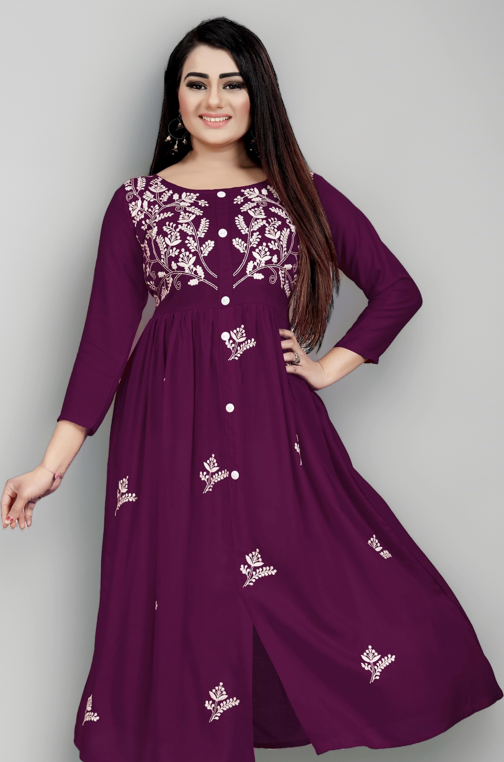 Women's Rayon Flared Embroidery Kurti Under 599 Designer Attractive Look Women's Kurta