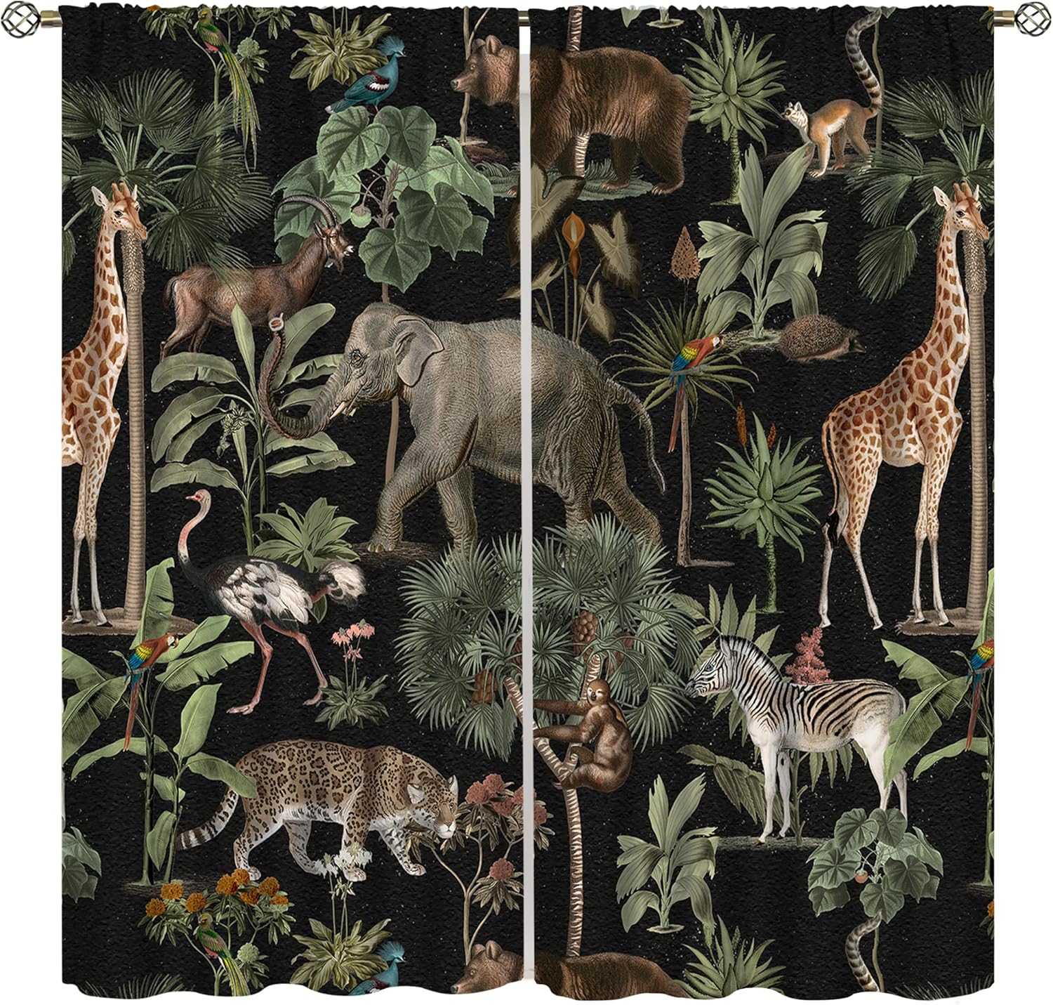 Jungle Animal Blackout Curtains, Tropical Forest Safari African Wildlife Animals World Black Background Drapes for Bedroom Living Room Kitchen Window Treatments, 42x45 Inch