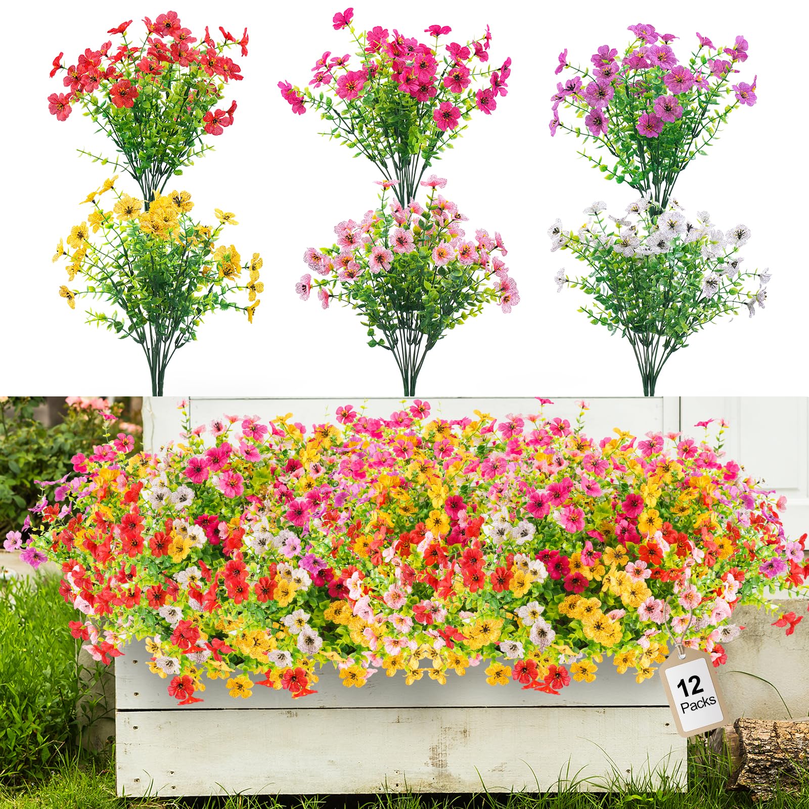 Juertime 12 Bundles Artificial Flowers Outdoor, Mixed 6 Colors UV Resistant Silk Fake Flowers No Fade Faux Plants for Garden, Porch, Window Box Decoration