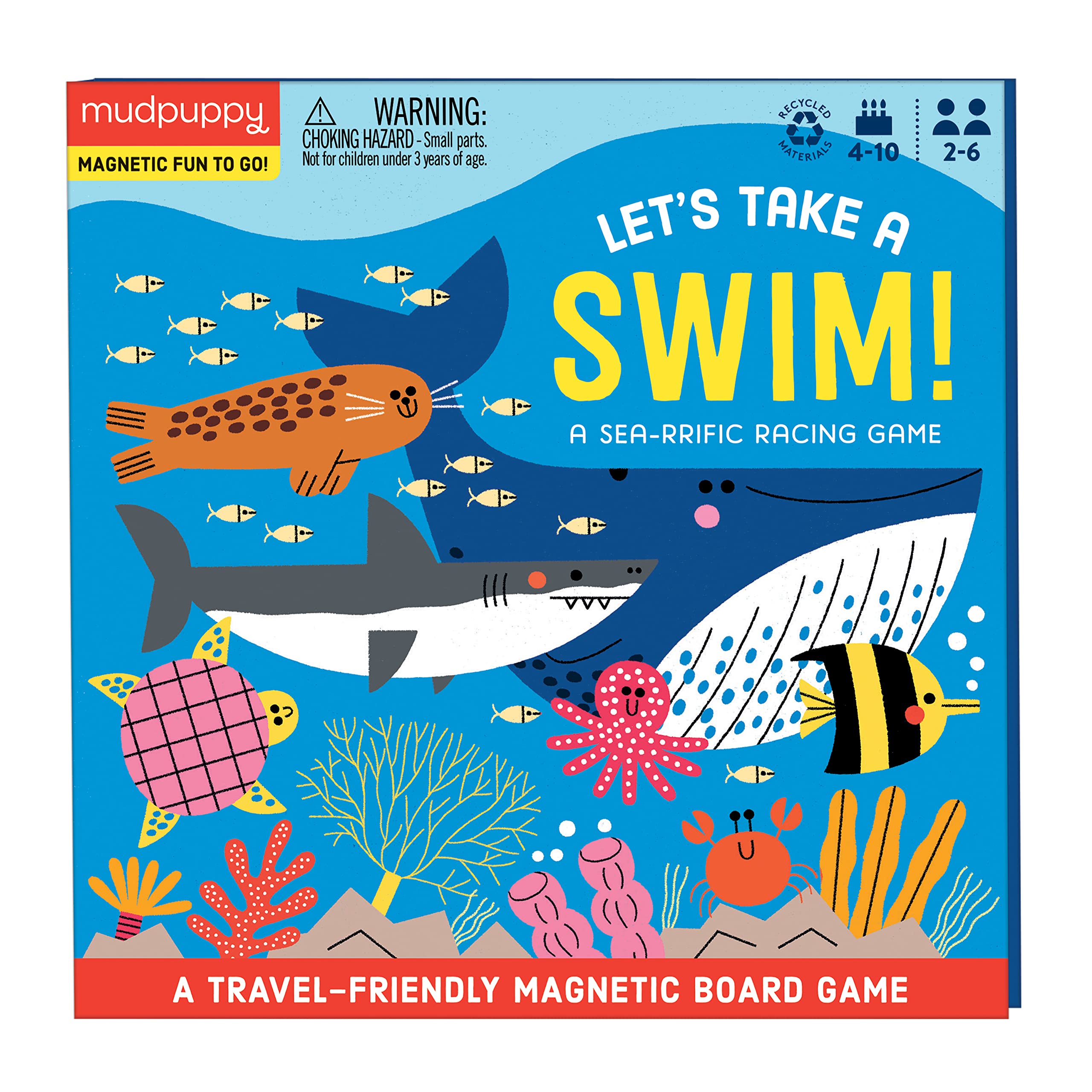 Mudpuppy Let's Take a Swim – Ocean Animal Version of Travel-Friendly Magnetic Racing Game with Adorable Illustrations of Sea Creatures for Children Ages 4 to 10, 2-6 Players