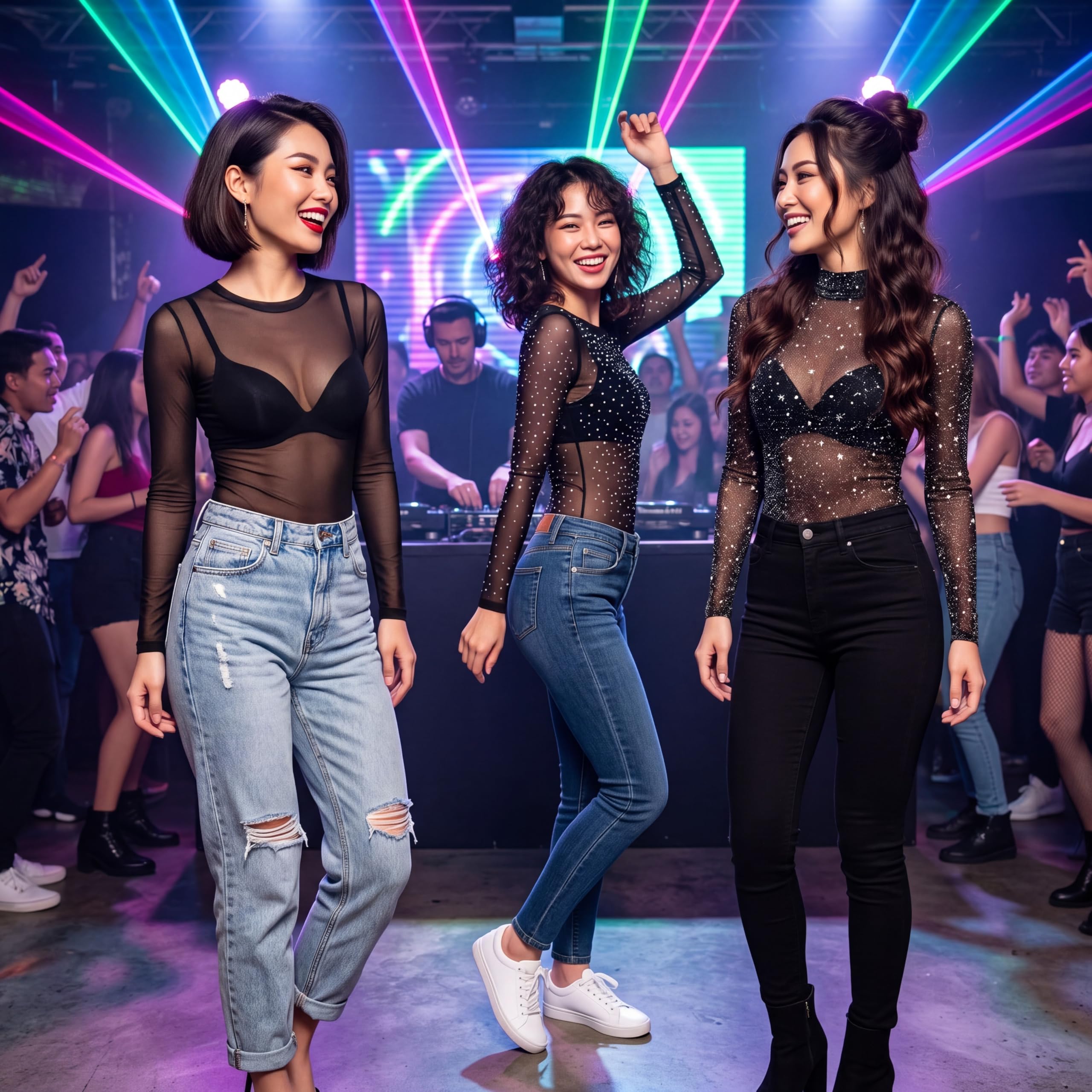 Confezione da 3 magliette da donna in rete velata glitterata, a maniche lunghe, trasparenti, per discoteca, concerto, discoteca, discoteca