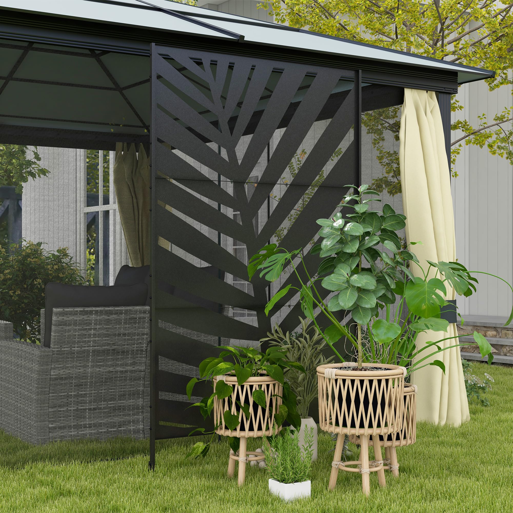 Outsunny Biombo de 3 Piezas Biombo Separador de Ambientes con Diseño de Hoja de Plátano Biombo para Exterior Jardín Patio Terraza 122x45x198 cm Negro