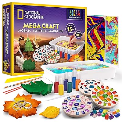 National Geographic Mega Arts and Crafts Kit for Kids – Mosaic Kit, Marbling Paint Kit & Air Dry Clay Pottery Kit – Art Projects for Kids Ages 8-12, Crafts for Girls and Boys (Amazon Exclusive)