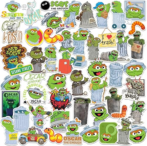 Sesame Street Oscar The Grouch - Paquete variado de calcomanías de vinilo de 50 unidades, tamaño grande, para laptop, botella de agua, álbumes de