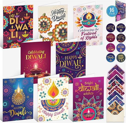 Decorably 16 Pack Gold Foiled and Glittery 5x7in Happy Diwali Cards with Envelopes and Stickers, 8 Elegant Holiday Designs for Friends, Family and Loved Ones with Printed Message, Gifting & Mailing