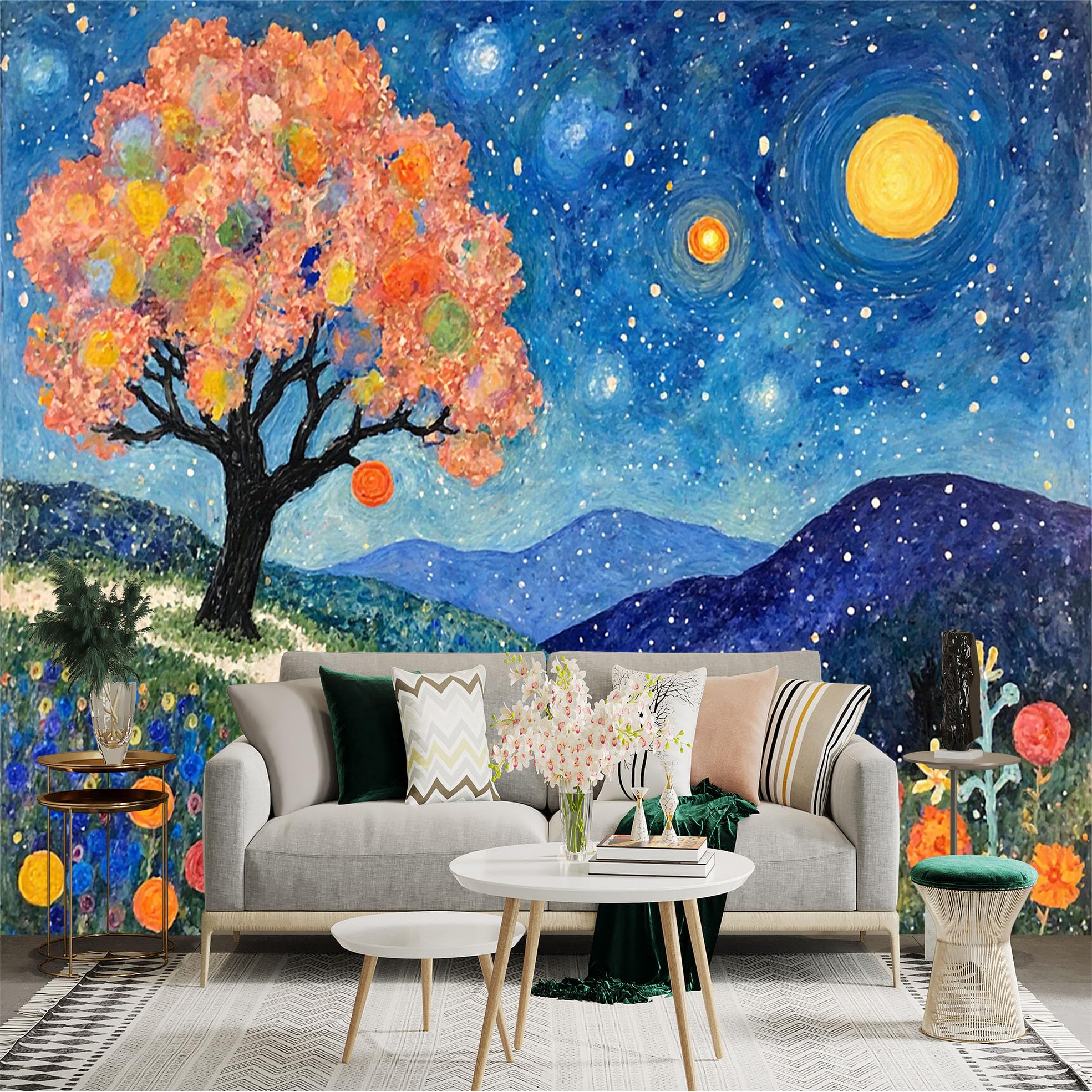 Custom Size Wall Sticker Mural， Impressionist Blooming Tree Landscape， Vibrant Night Sky， Rolling Hills and Flowers， for wall Decoration， peelandstick wall Decals.