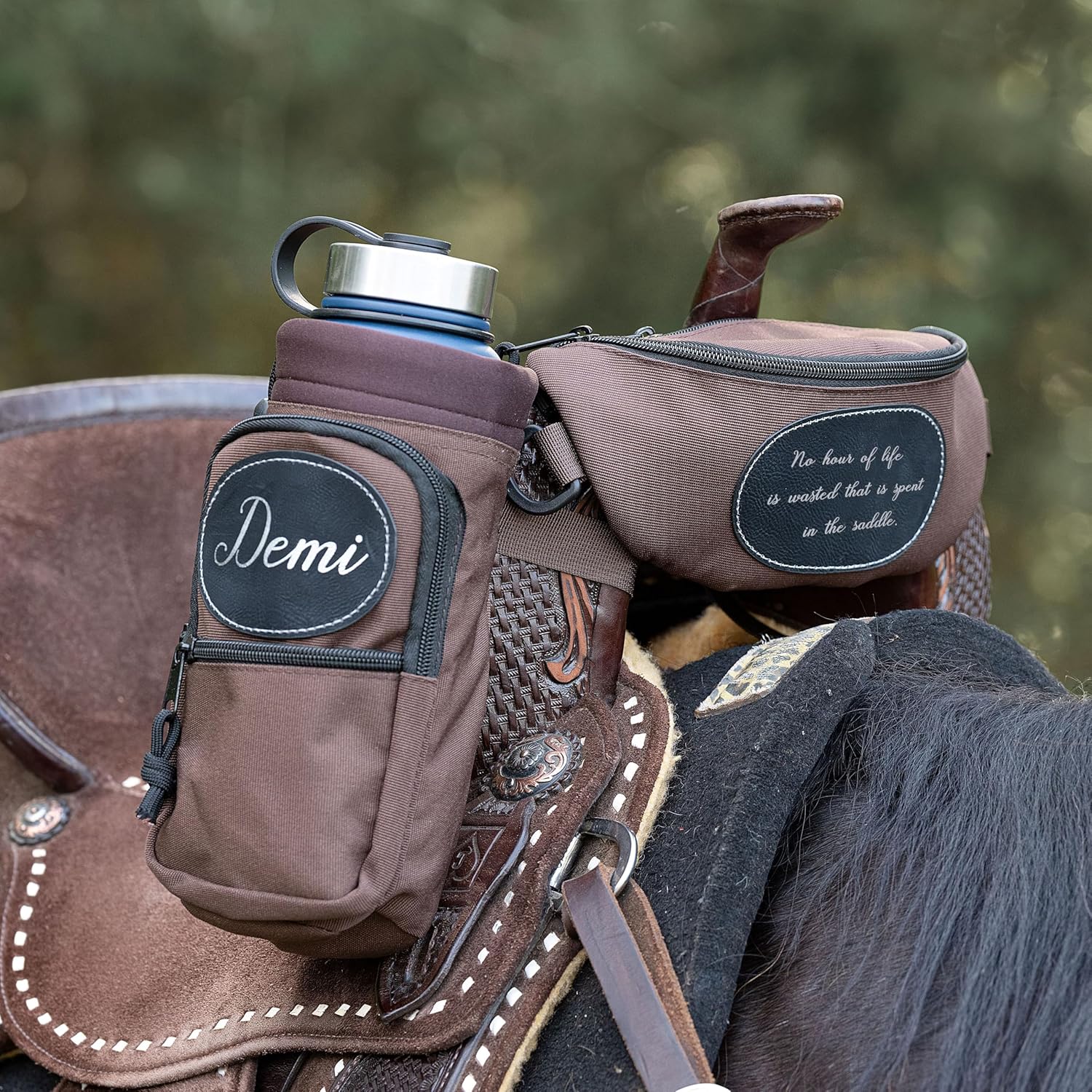 Personalized Horse Saddle Brown Pommel Bag & Bottle Holder Set, Horse Tack, Horse Gifts, Horse Stuff, Equestrian Gifts, Saddle Accessories