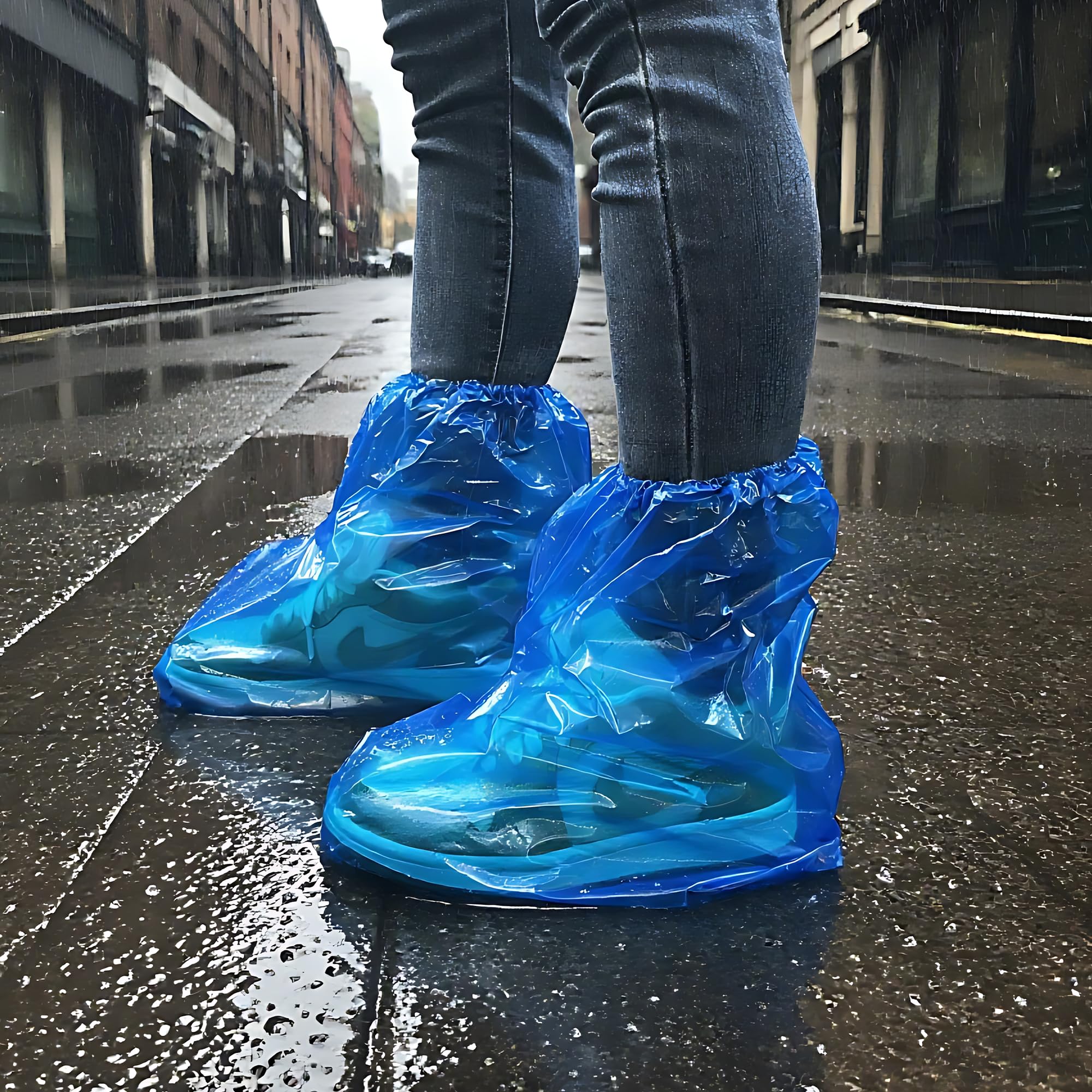 Photo 1 of 10 Pairs Disposable Waterproof Shoe Covers for Rain - Plastic Rain Shoe Covers - Non-Slip Indoor Outdoor Rain Cover for Shoes,Plastic Overshoes for Men Women -Water Proof Boot Protector – Blue-L
