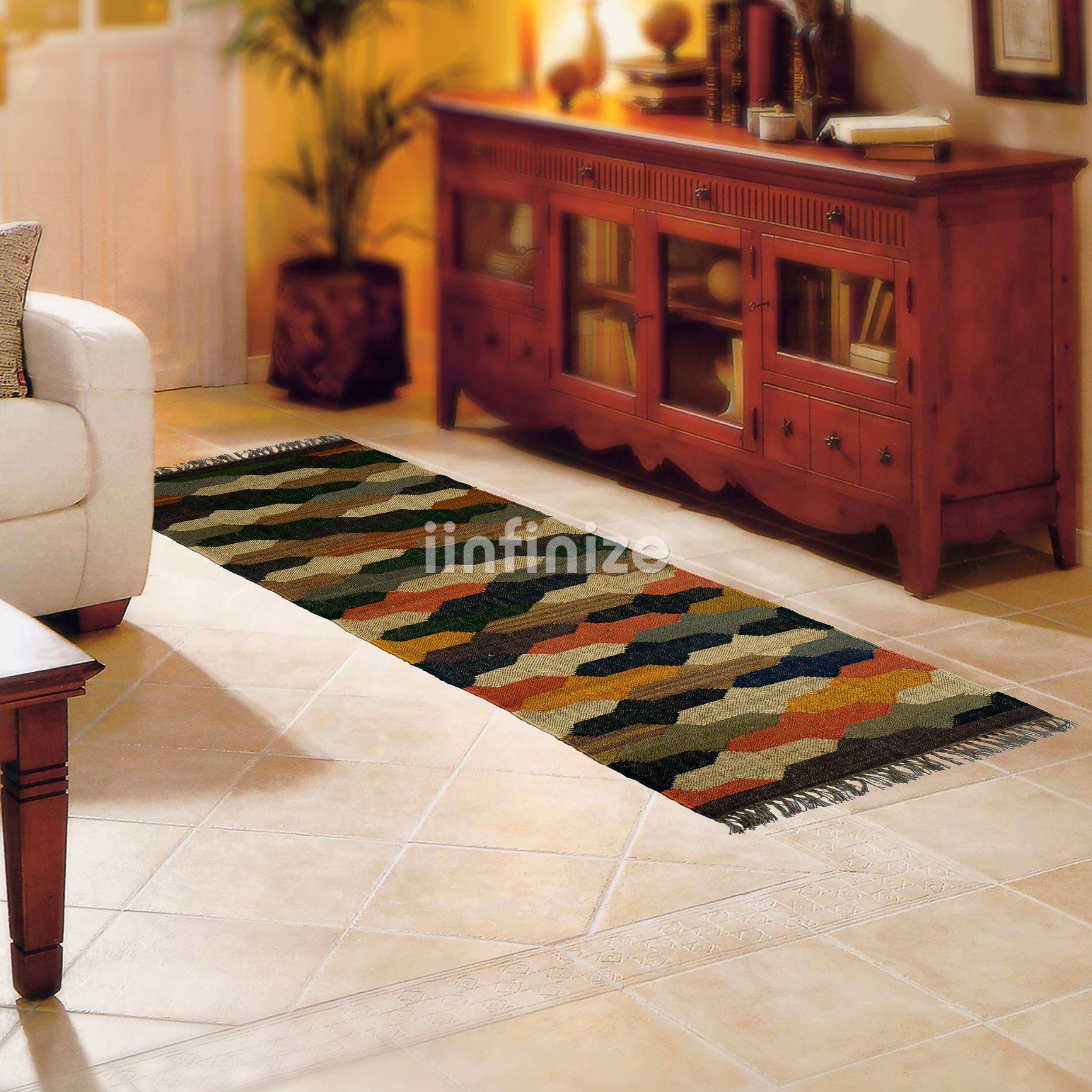 Tappeto rustico intrecciato a mano, grande, stile vintage, motivo kilim, 0,6 x 1,2 m, annodato piatto, tappeto bohémien, reversibile, tappeto per sedersi, tappeto in vera lana di iuta per