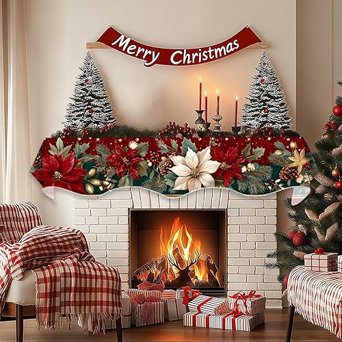 Miniatura 2 de Bufanda de Navidad para chimenea, cubierta decorativa para Navidad, invierno, mantel superior (flor de pascua con borde dorado, 70 pulgadas de largo