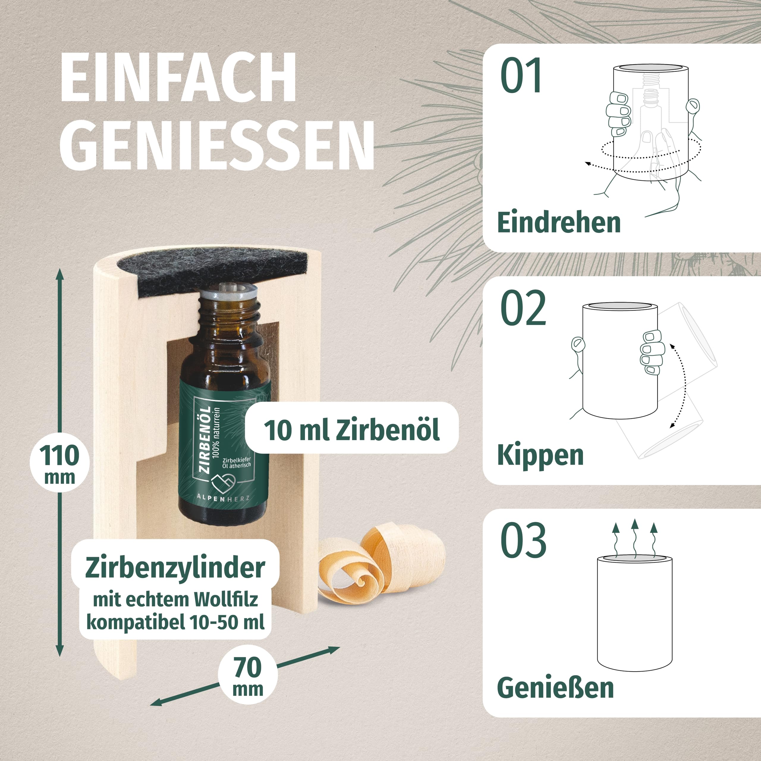 Alpenherz Diffuser Set mit Zirbenöl 10 ml - Naturrein aus Österreich - Zirbenholz Würfel mit Filz Duftspender Schönes Zirbelkiefer Set als Deko