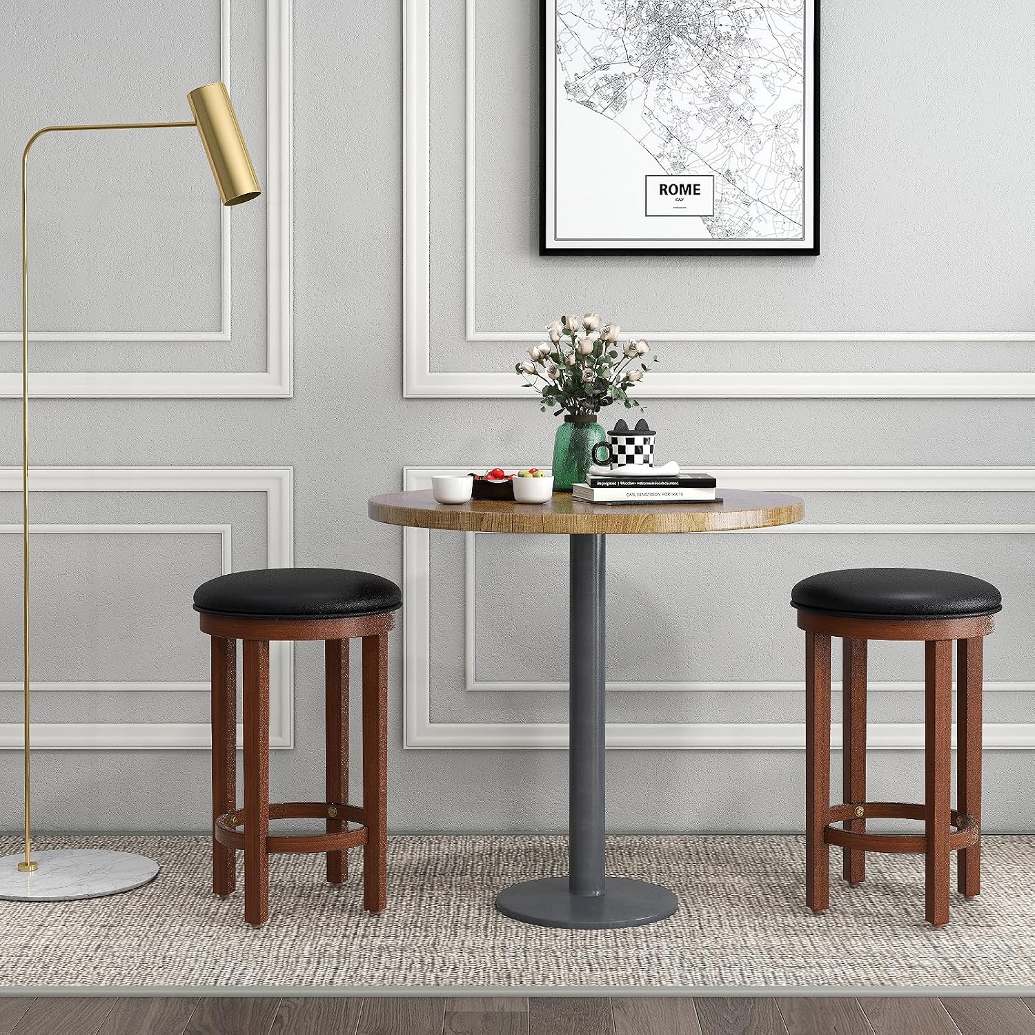 Giantex Bar Stools Set of 2, 25-Inch Counter Height Stools with Round Seat, Footrest, Wooden Frame, Modern Faux Leather, Upholstered Backless Barstools for Kitchen Island, Dining Room, Black&Walnut
