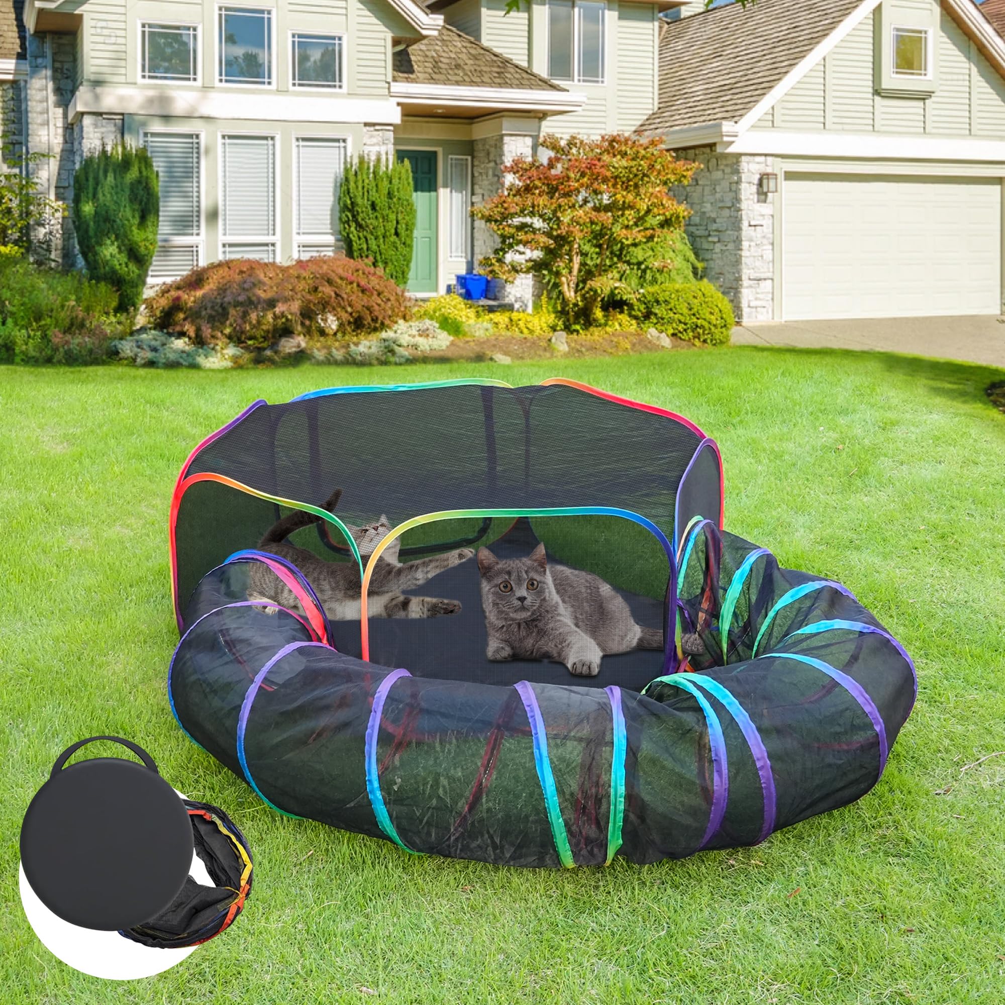 Foldable Cat Playpen With Tunnel - Outdoor & Indoor Enclosure Tent For Kittens, Puppies & Small Pets-1135947