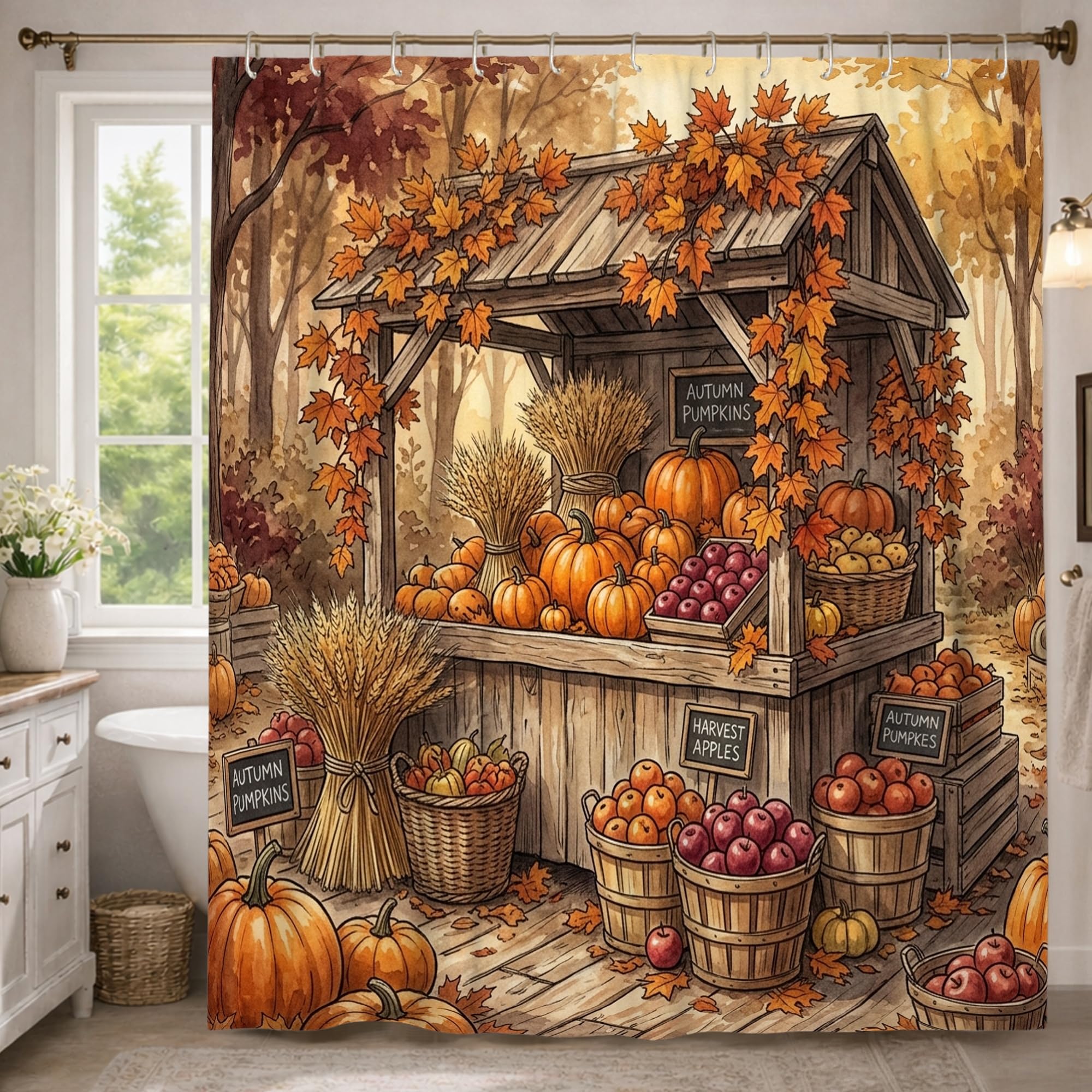 Rideau de douche extra long haut de gamme à motif feuilles d'automne orange 183x243