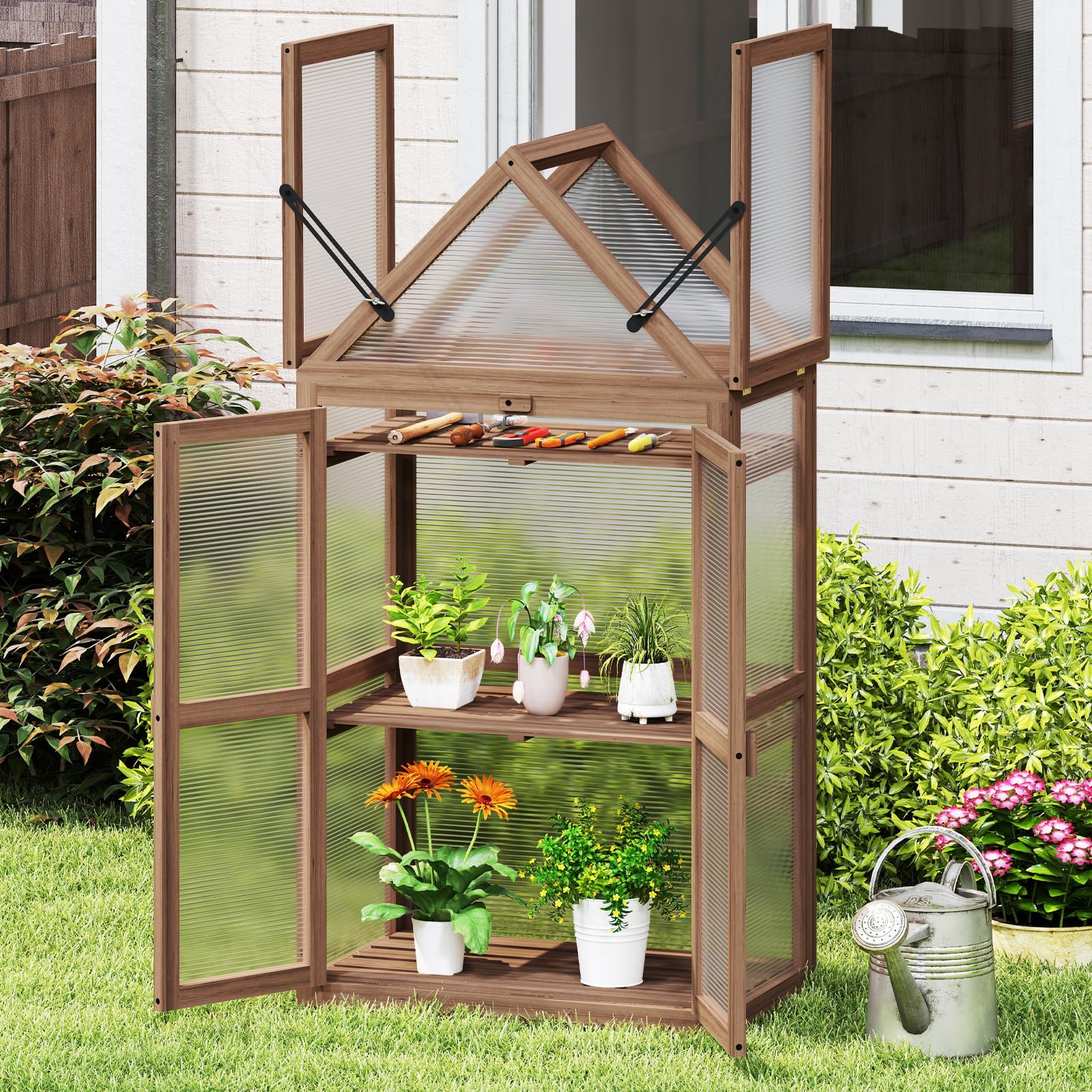 COSTWAY Serre de Jardin à 3 Niveaux en Bois de Sapin, 2 Porte Toit Ouvrant avec Étagères Réglables, Serre à Tomates Protection Transparente en Polycarbonate, 71x41x133cm, Brun