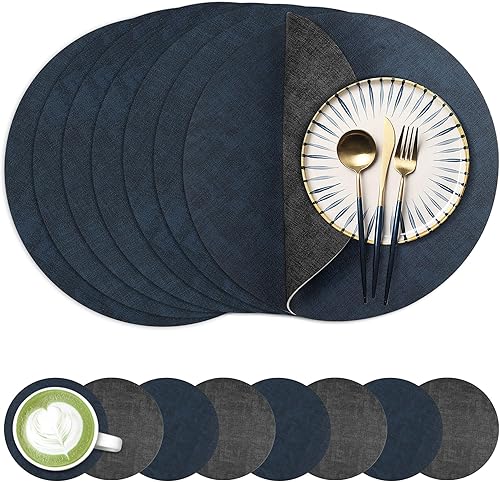 Miniatura 28 de Juego de 6 manteles individuales redondos de piel sintética de 13 pulgadas, impermeables, antideslizantes, de doble cara, resistentes al calor,