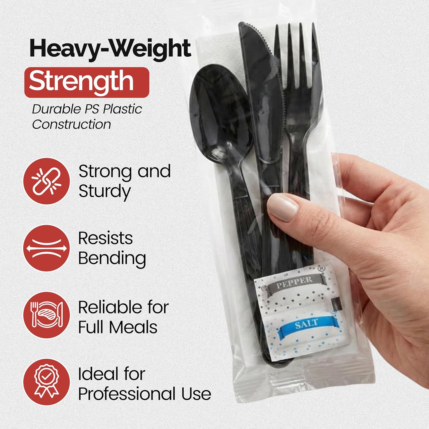 Black Disposable Cutlery Set with Fork, Knife, Spoon, Napkin & Salt & Pepper - PS Heavy-Weight Plastic Cutlery for Reliable Dining Disposable Cutlery Ideal for Takeout & Food Service- 250 Pack (6 Pcs)