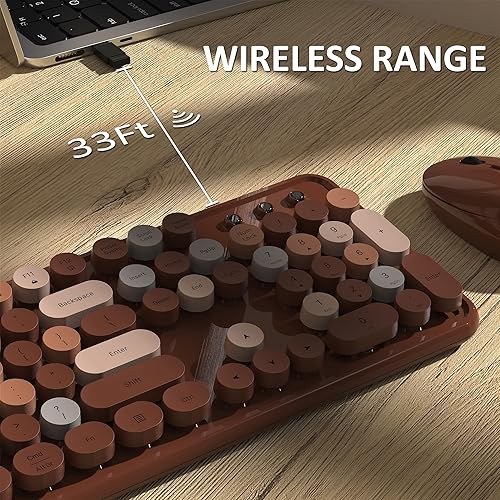 Miniatura 7 de Teclado y mouse inalámbricos, teclado retro de tamaño completo con teclas redondas, 2.4 GHz para Windows, Mac, laptop, PC, escritorio (café colorido)