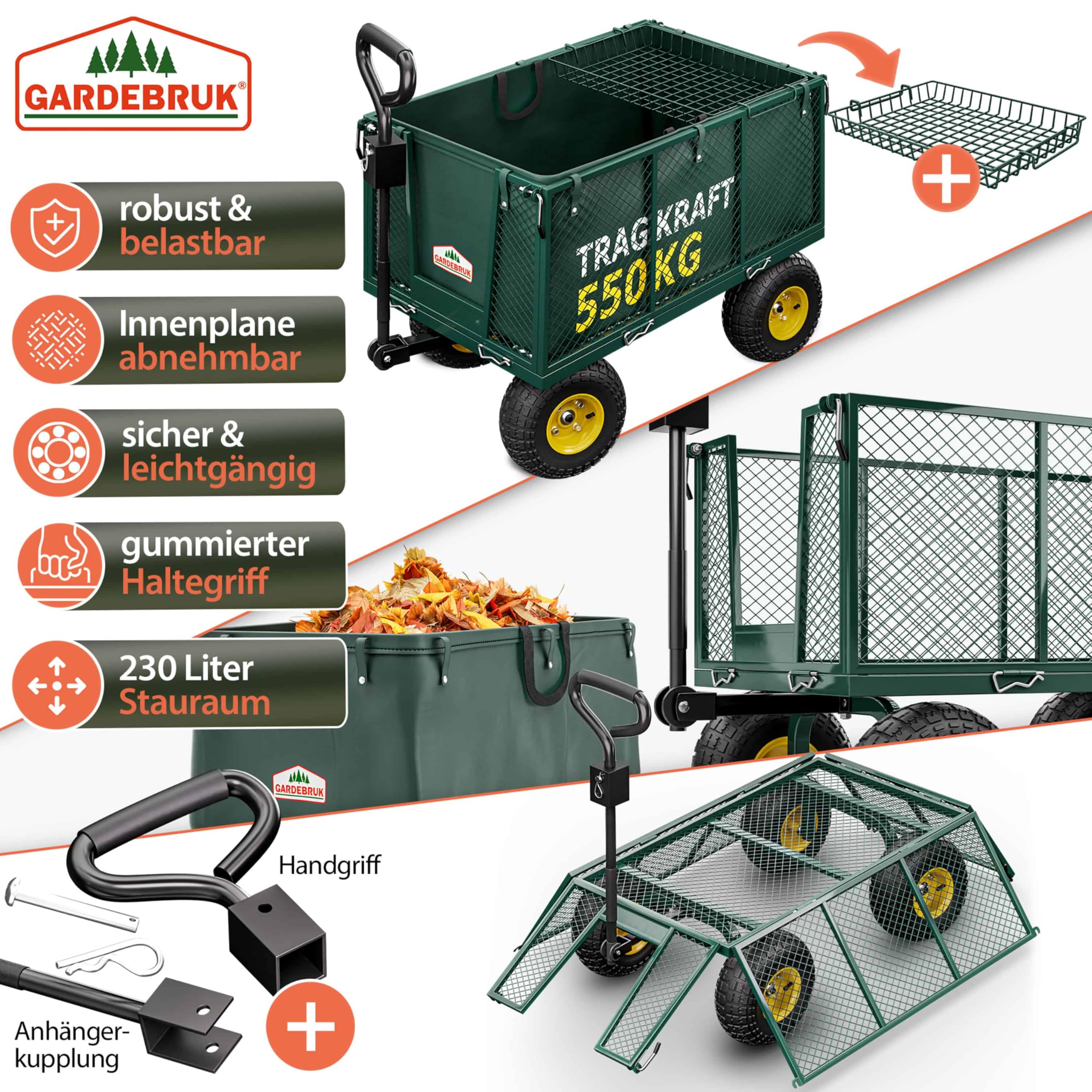 GARDEBRUK® Bollerwagen 550kg Belastbar Klappbar Stabil Herausnehmbare Plane Gerätewagen Handwagen Garten Gartenkarre Gartenwagen Transportwagen Karre
