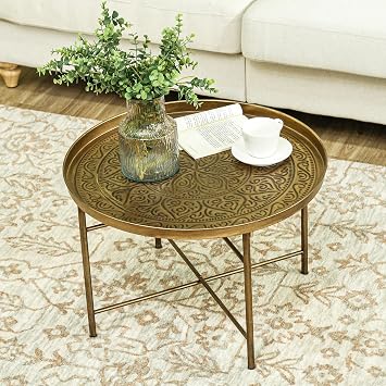 Vintage Round Coffee Table with Hammered Tray Top Metal Retro Living Room Center Table 24" Small Outdoor Coffee Table End Table Gold