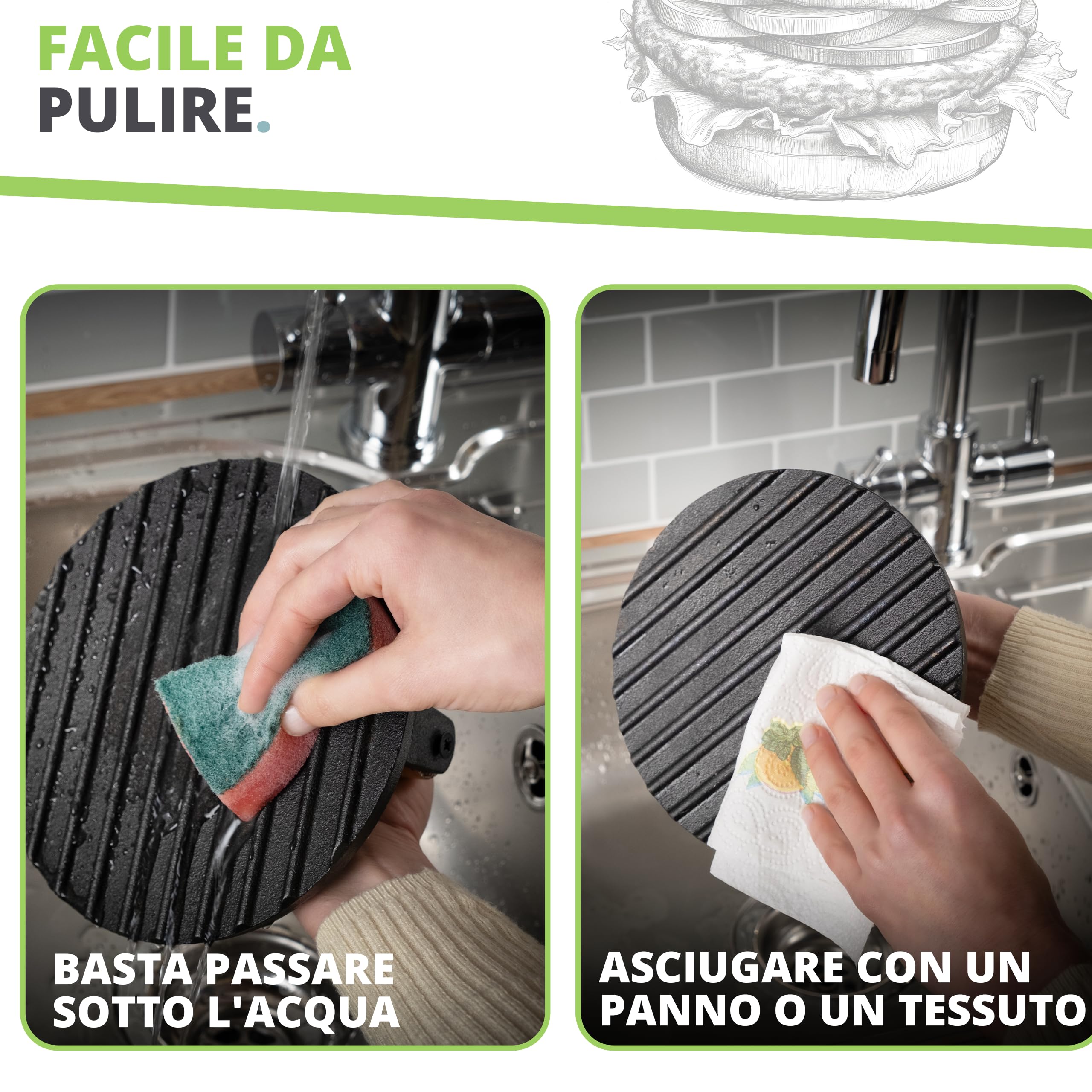 Pressa Hamburger Oliver's Kitchen ® - Pressa in Ghisa per Hamburger Diametro 19 cm – Impugnatura Confortevole – Base Antiaderente – Perfetta per Uso Professionale o Per Amanti del Barbecue