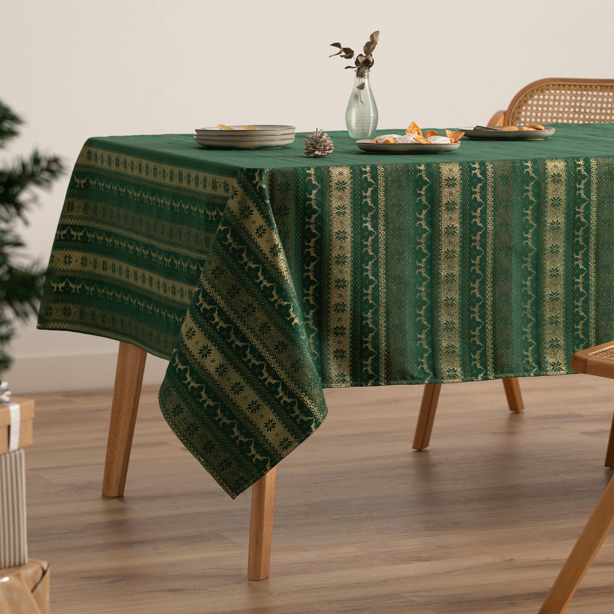 GAMUSI Mantel Navidad Jacquard Hilo Dorado Mesa Comedor Rectangular Decoración Navideña 140x100 cm Color Verde