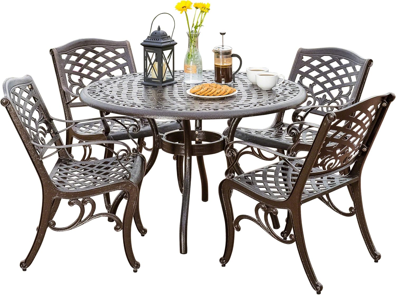 Christopher Knight Home Hallandale Outdoor Cast Aluminum Dining Set for Patio or Deck, 5-Pcs Set, Hammered Bronze